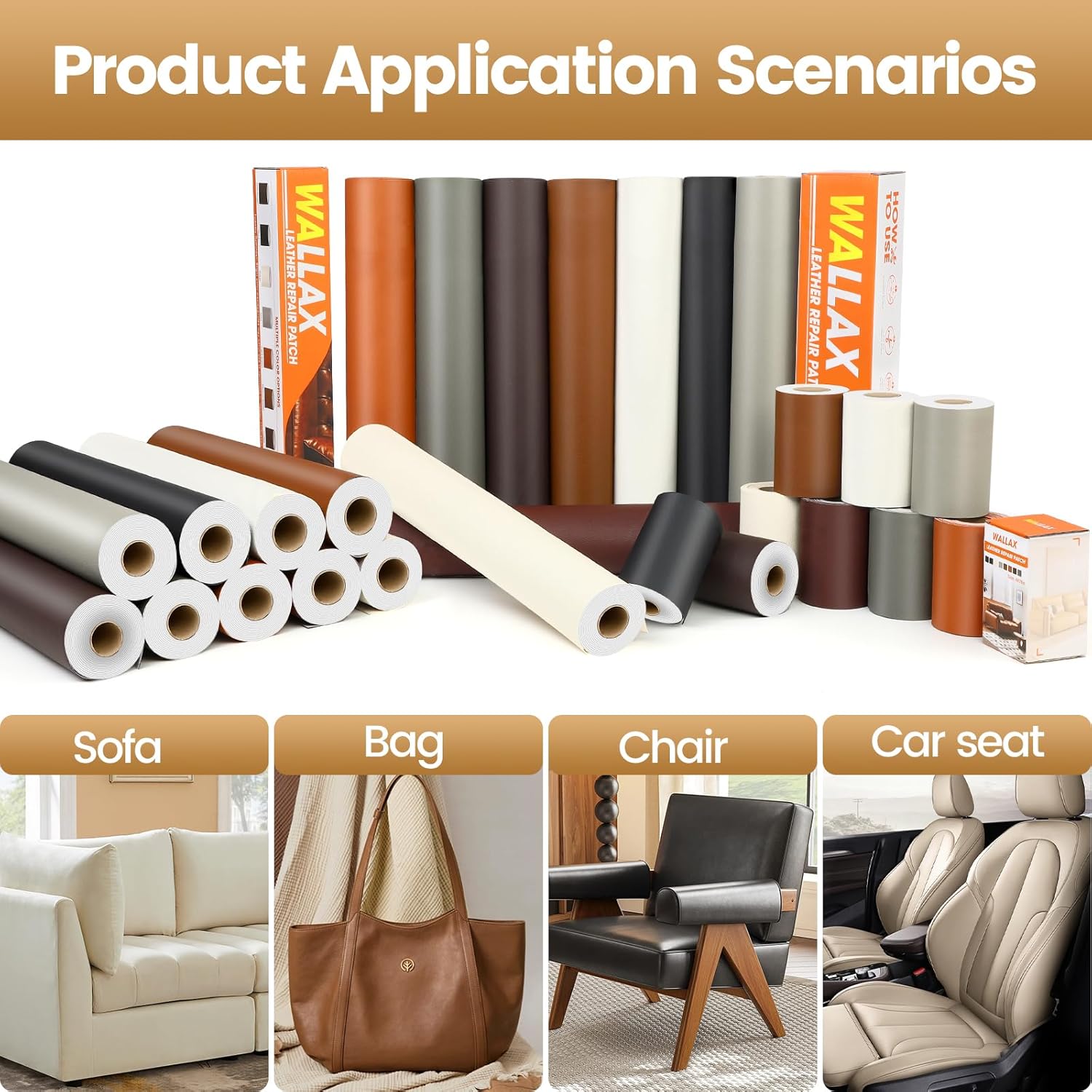 WALLAX Leather Repair Patch, 16 x 158 Inches Self Adhesive Leather Repair Tape for Furniture, Couch, Sofa, Car Seats, Office Chair, Car Interior, Upholstery, Vinyl Repair Kit (Dark Brown)