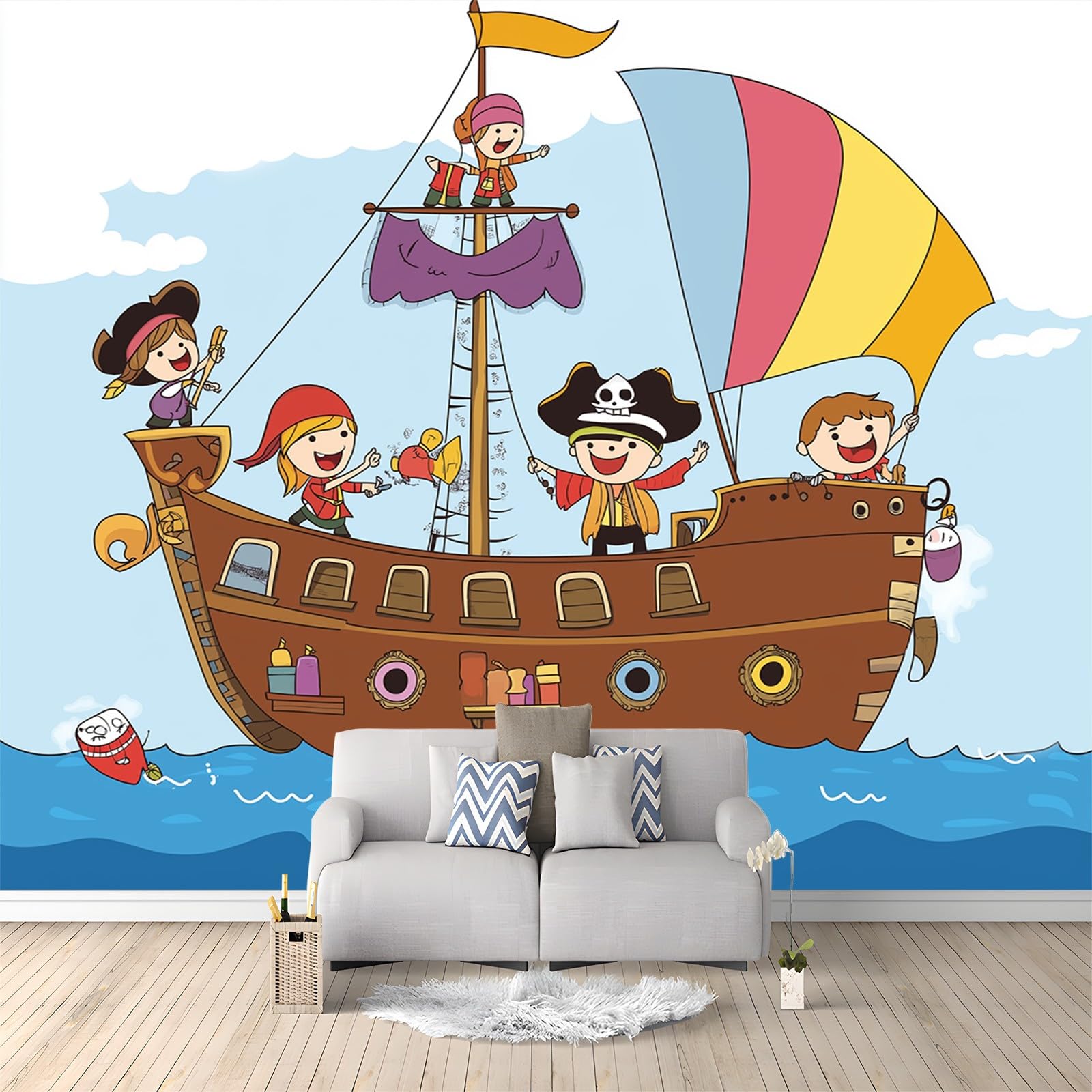 Bateau Pirate Dessin Animé papier peint bleu pour créer des souvenirs magiques en famille 200x140