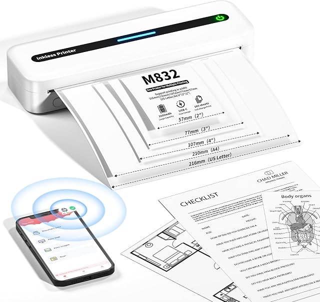 Itari Portable Printer Wireless, Bluetooth Thermal Printer A4 - New Upgraded 300DPI Small Wireless Printer, Inkless Mobile Printers for Home Use and Travel, Supports Multiple Sizes Thermal Paper