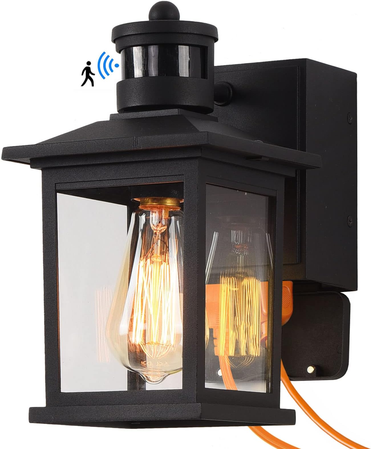 Motion Sensor Outdoor Porch Light with GFCI Outlet Built in Black Exterior Wall Lantern Dusk to Dawn Outside Sconce Lighting Fixture Rustic Wall Mount Coach Lamp for House Garage Patio
