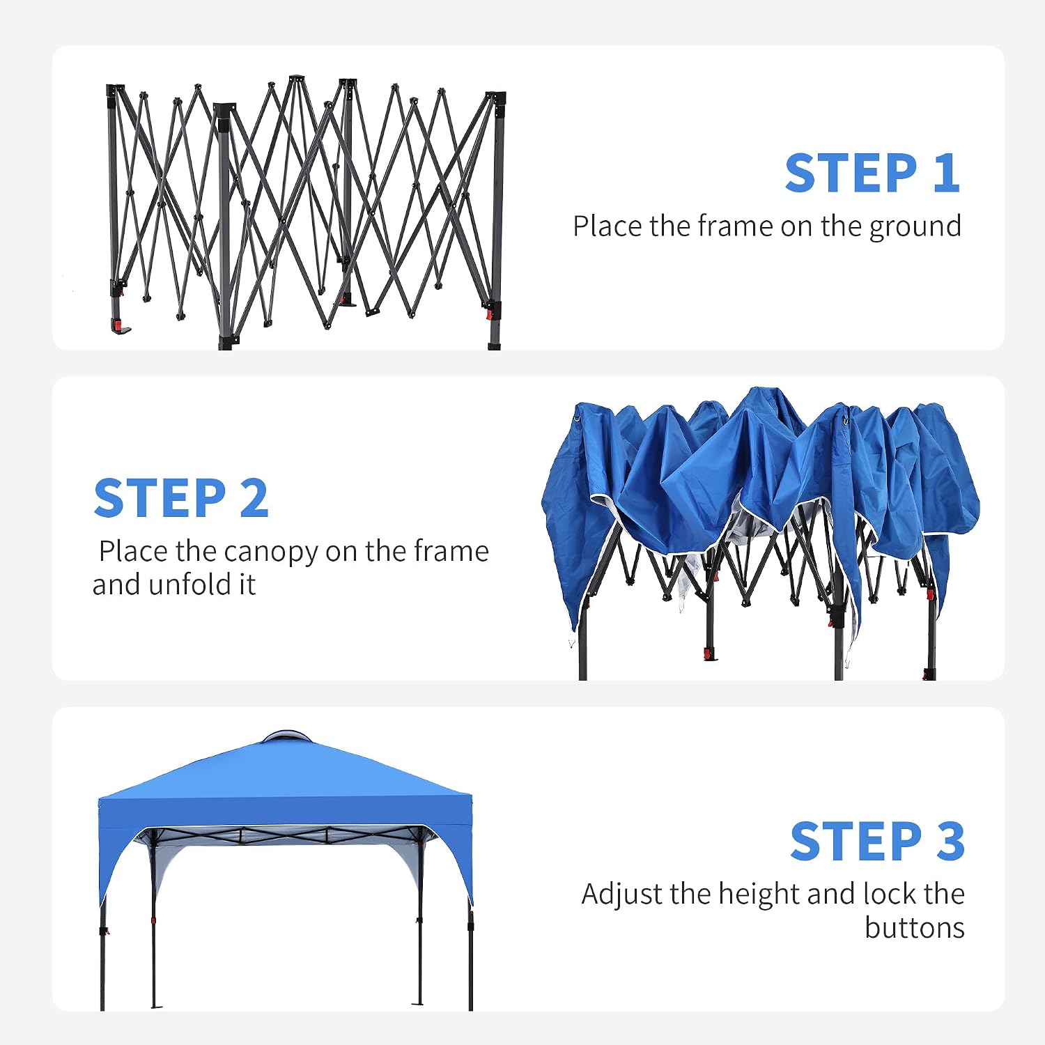GDY 8x8 Pop Up Canopy Tent, Easy-Setup Gazebo, Outdoor Canopy with 3 Adjustable Heights for Events, Parties, Camping, Blue.