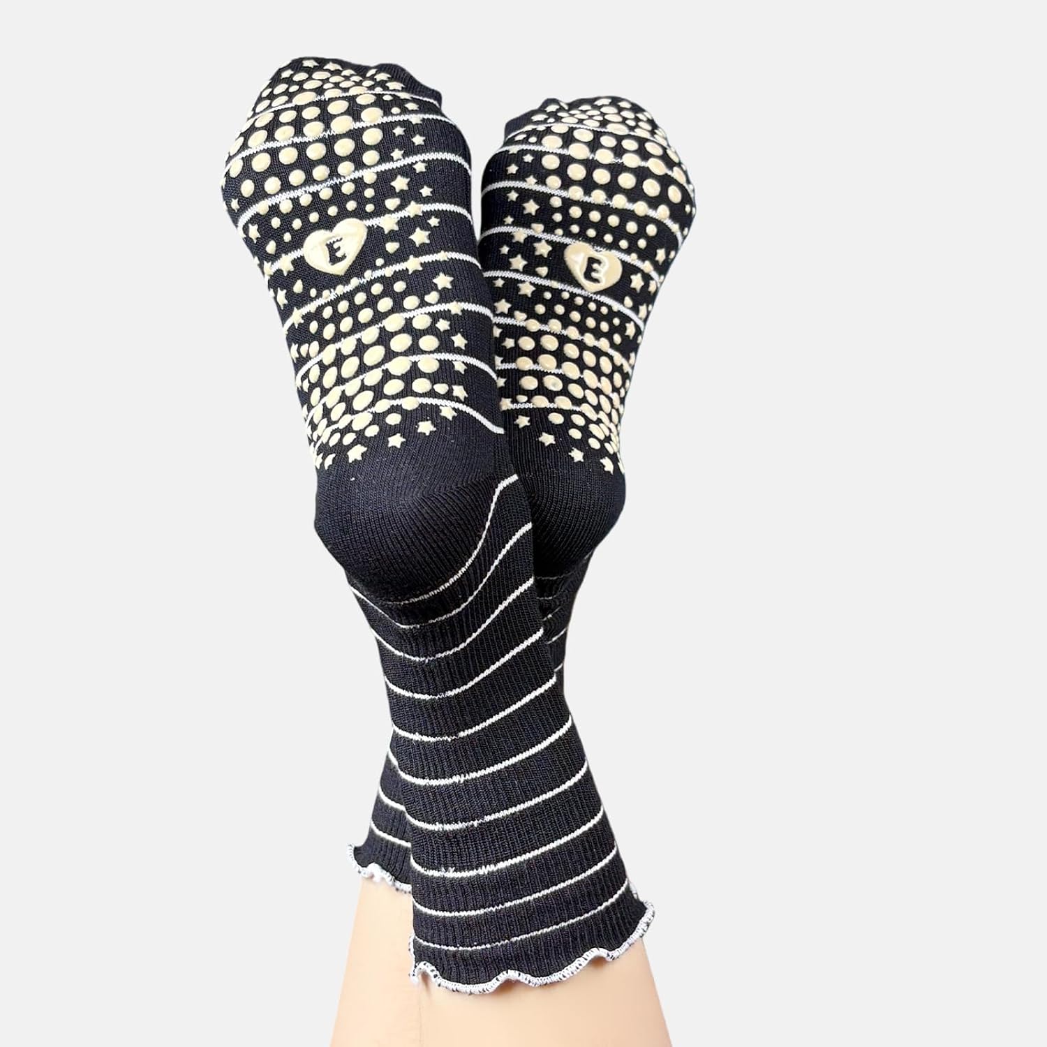 Cute Striped Yoga Socks for Women – 3 Pairs Non Slip Grip Pilates Barre Crew Socks, Ruffle Cuff Style, US Size 5-9
