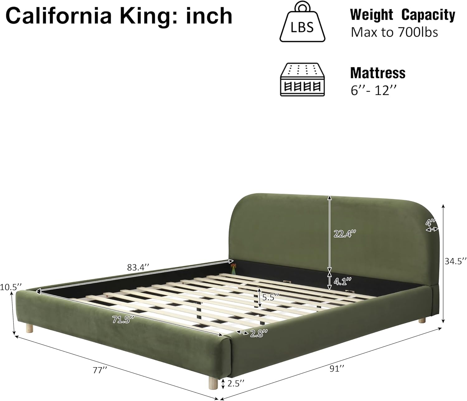 Dimensional diagram of a platform bed frame, showing various measurements for length, width, and height. Note: This diagram illustrates a California King size, but the product is Queen size. Refer to the specifications for exact Queen dimensions.