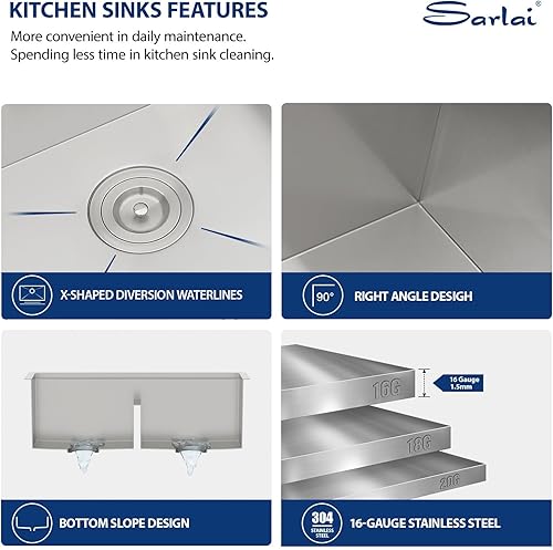 Vista 81 de Sarlai Fregadero doble de 33 piezas para empotrar - Fregadero de cocina de 33 x 19 pulgadas, acero inoxidable de calibre 16, esquina redonda, doble