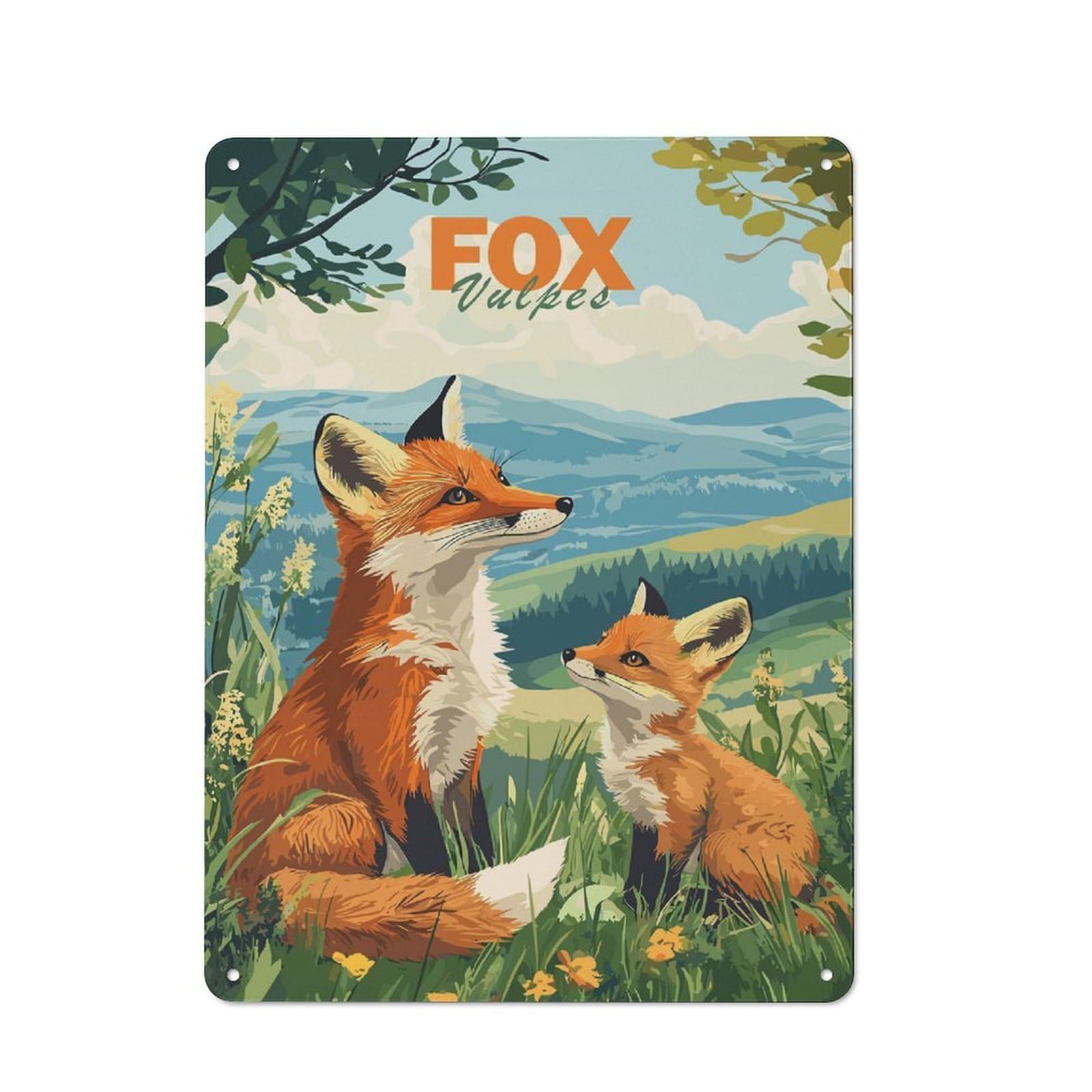 Junmoney Fox Family Vintage Tin Sign 40X30cm Featuring For Workshop Wall, Gift For Metal Sign Collectors During The Christmas Season