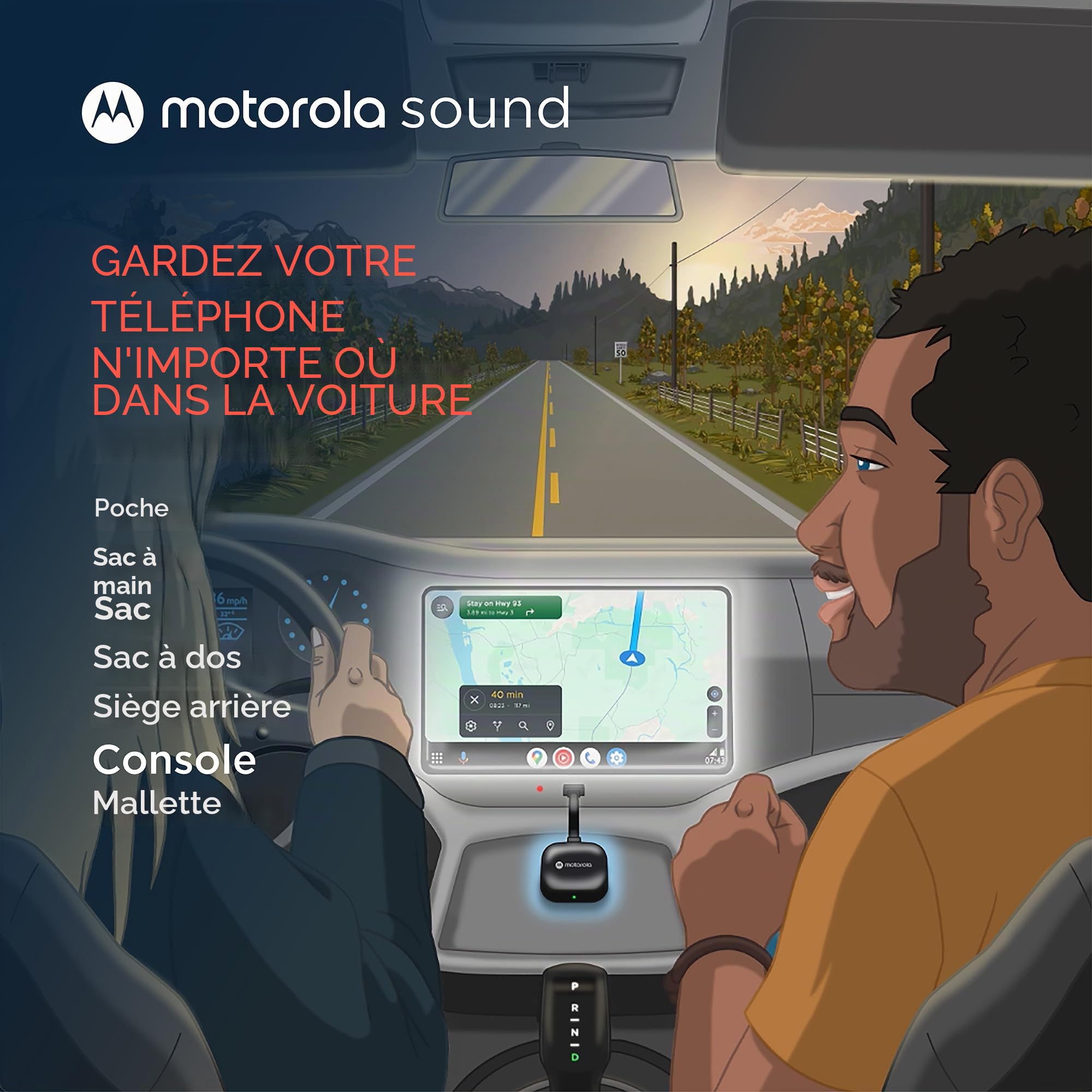 Motorola Sound MA1 - Le Seul Adaptateur de Voiture Android sans Fil autorisé par Google - Connexion instantanée du Smartphone à l'écran de la Voiture avec Une Configuration Facile