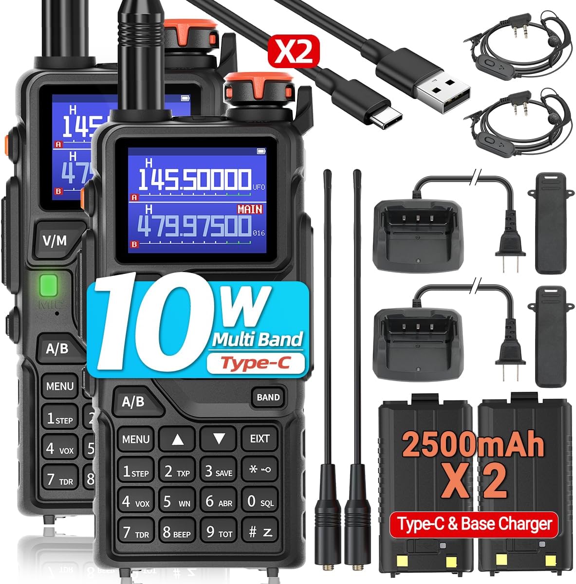 BAOFENG K5 PLUS Ham Radio full kit including two radios, antennas, batteries, chargers, USB cables, belt clips, and headsets.