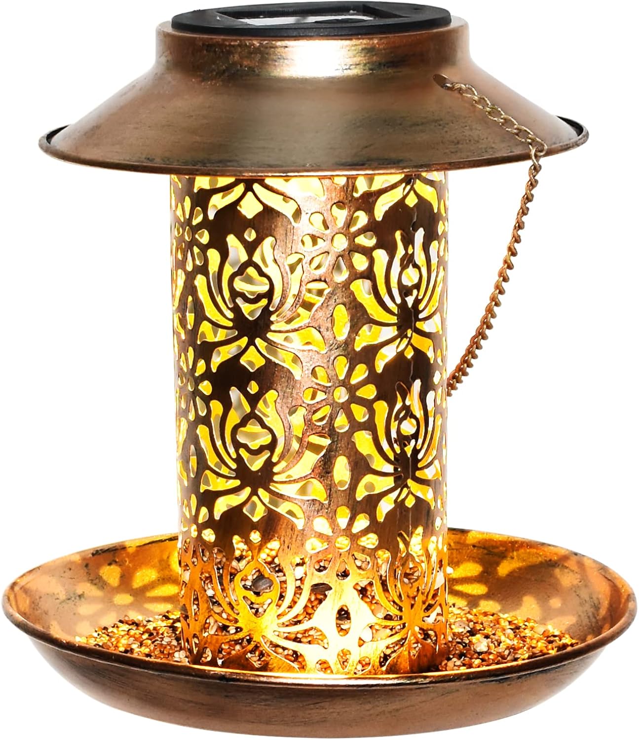 Solar Bird Feeder, Outdoor Waterproof Hanging Metal Bird Feeder House with Solar Lantern Light for Feeding Cardinal Wild Bird, Outside Garden Backyard Decoration