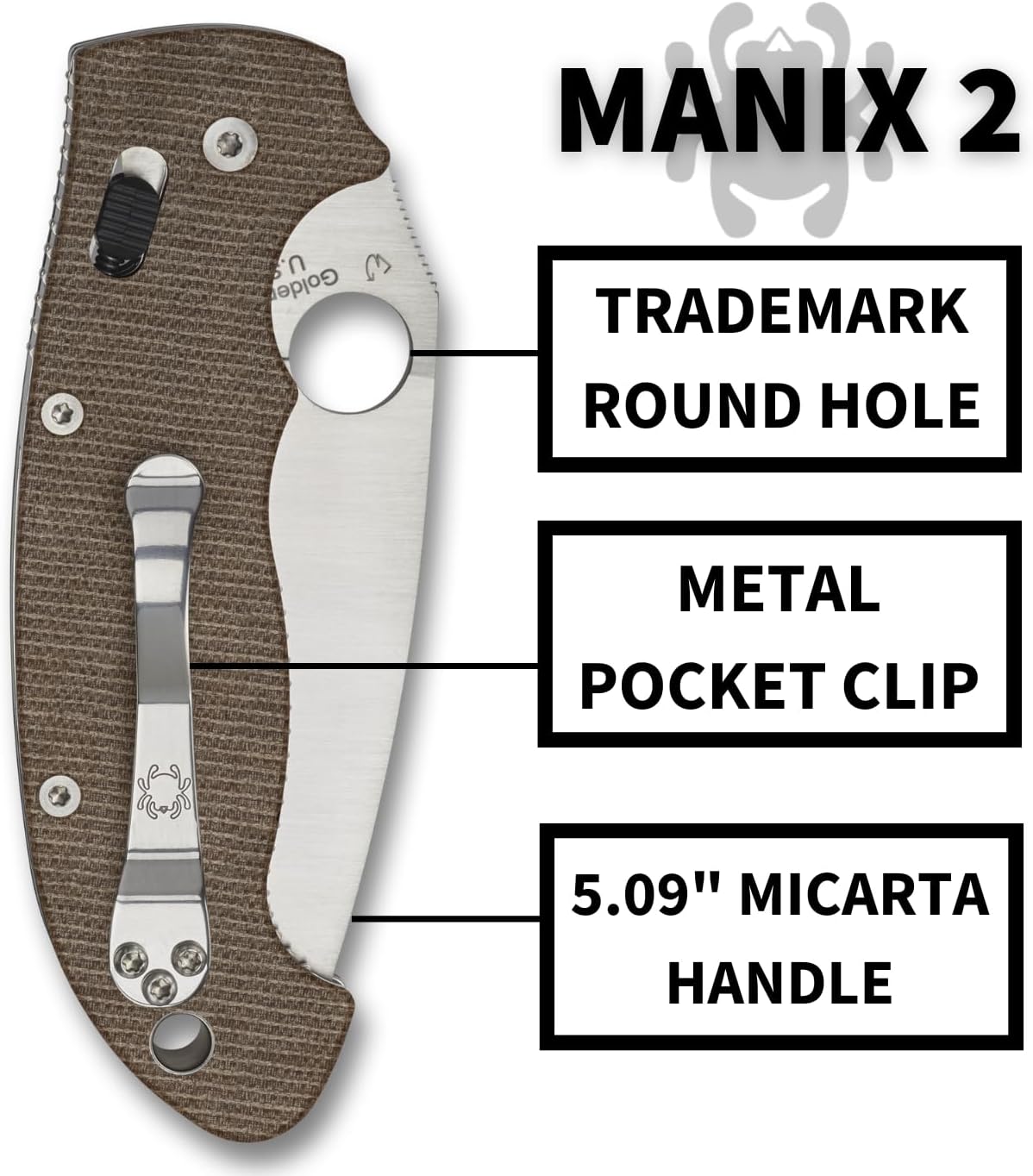 Spyderco Manix 2 XL Folding Pocket Knife with 3.8" CPM Cru-Wear Steel Blade and Micarta Handle - EDC Knife for Men and Women, Perfect for Hunting, Tactical, Camping, Survival - PlainEdge - C95MPCW2
