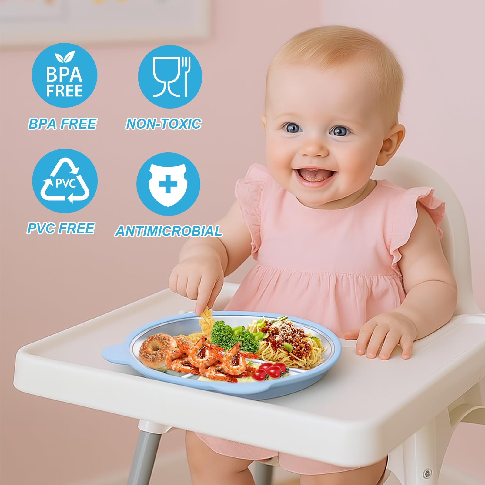 Zyluniy 2 pezzi Piatto Bambini in Acciaio Inox con Ventosa, Piatto Diviso Antiscivolo con Manica Silicone Rimovibile - Non Tossico Senza BPA per Svezzamento Autonomo e Bambini