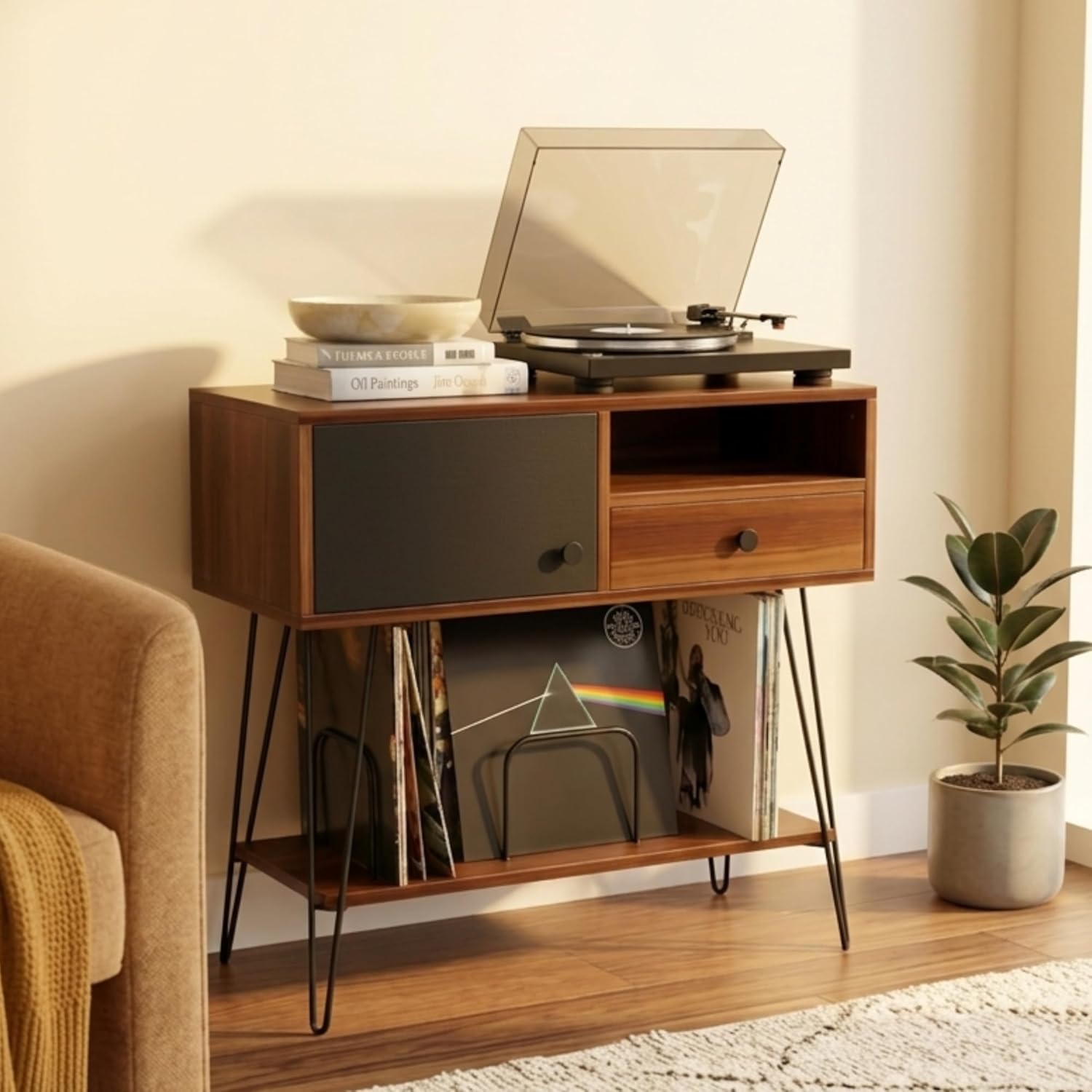 Large Mid Century Modern Record Player Stand with Vinyl Storage Holds Up to 200 Albums - Walnut Console Table for Turntables, Living Room, and Entryway | Record Player Table