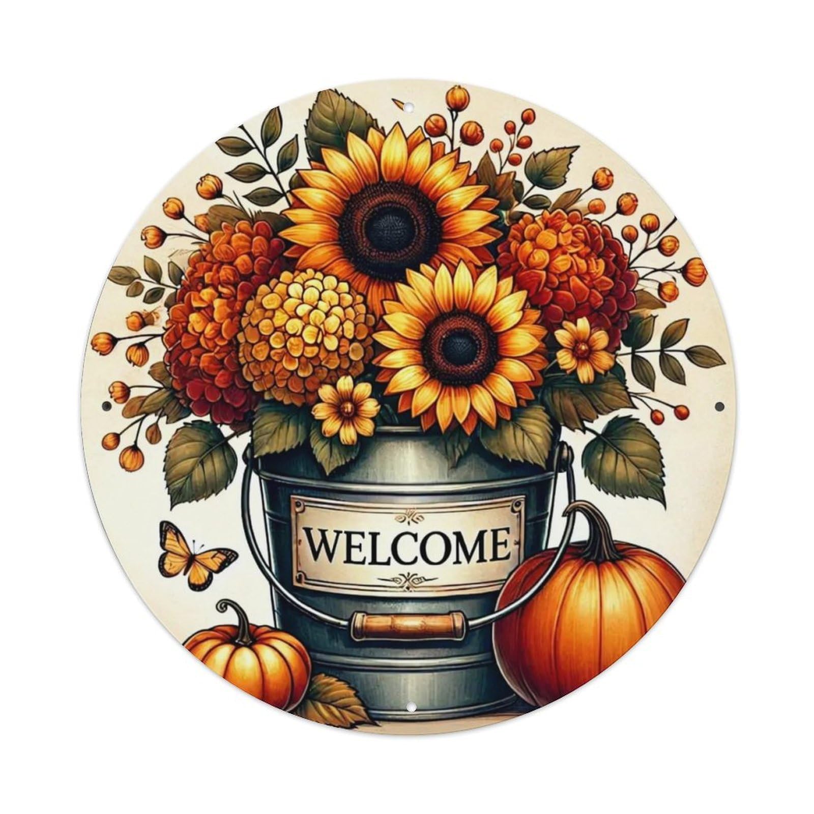Welcome Autumn Sunflower Pumpkin Bucket Round Metal Tin Sign Vintage Wall Decor, Bar Garage Cafe Kitchen Home Wall Art Poster 8x8inches
