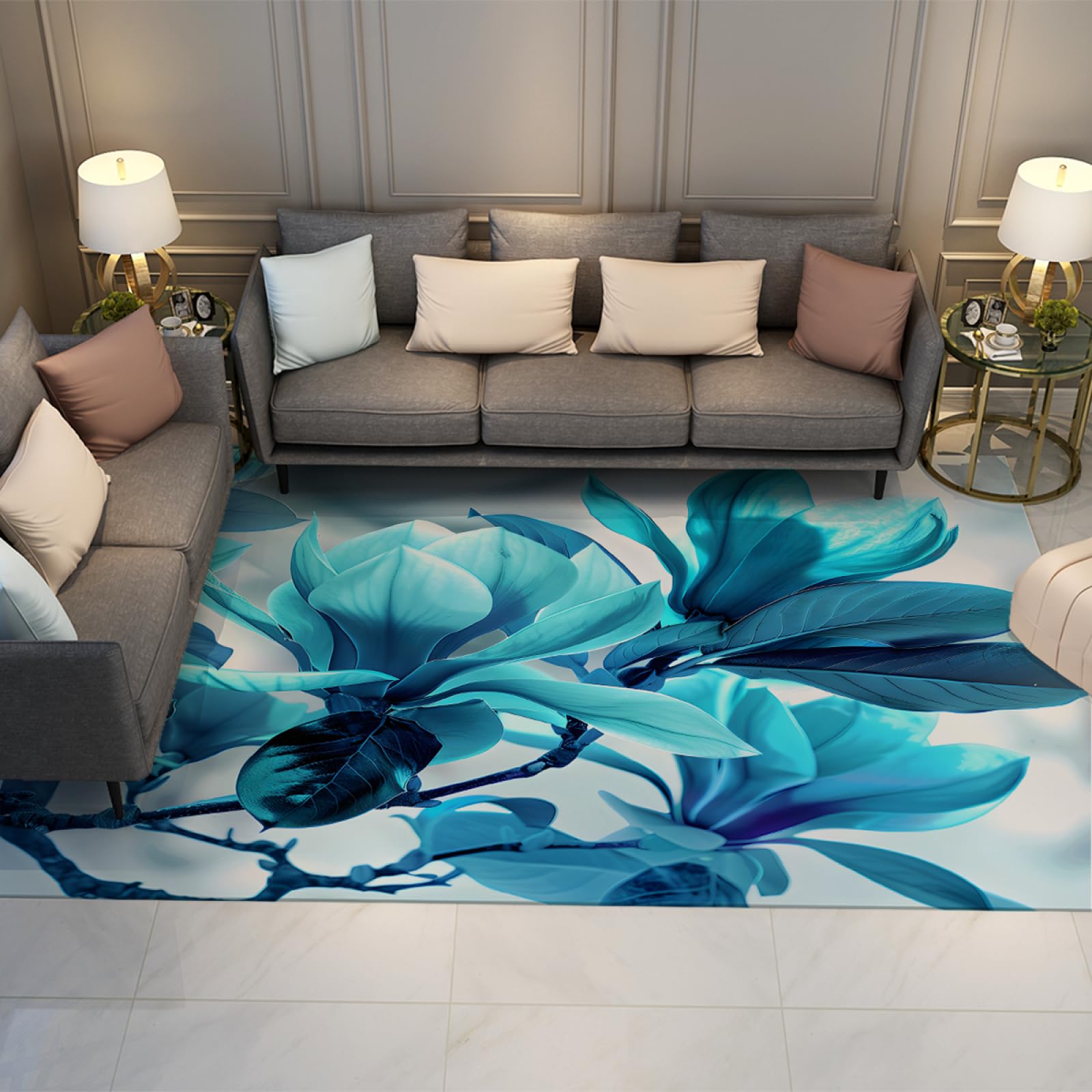 Tapis floral magnolia bleu pour créer une ambiance nature dans votre salon