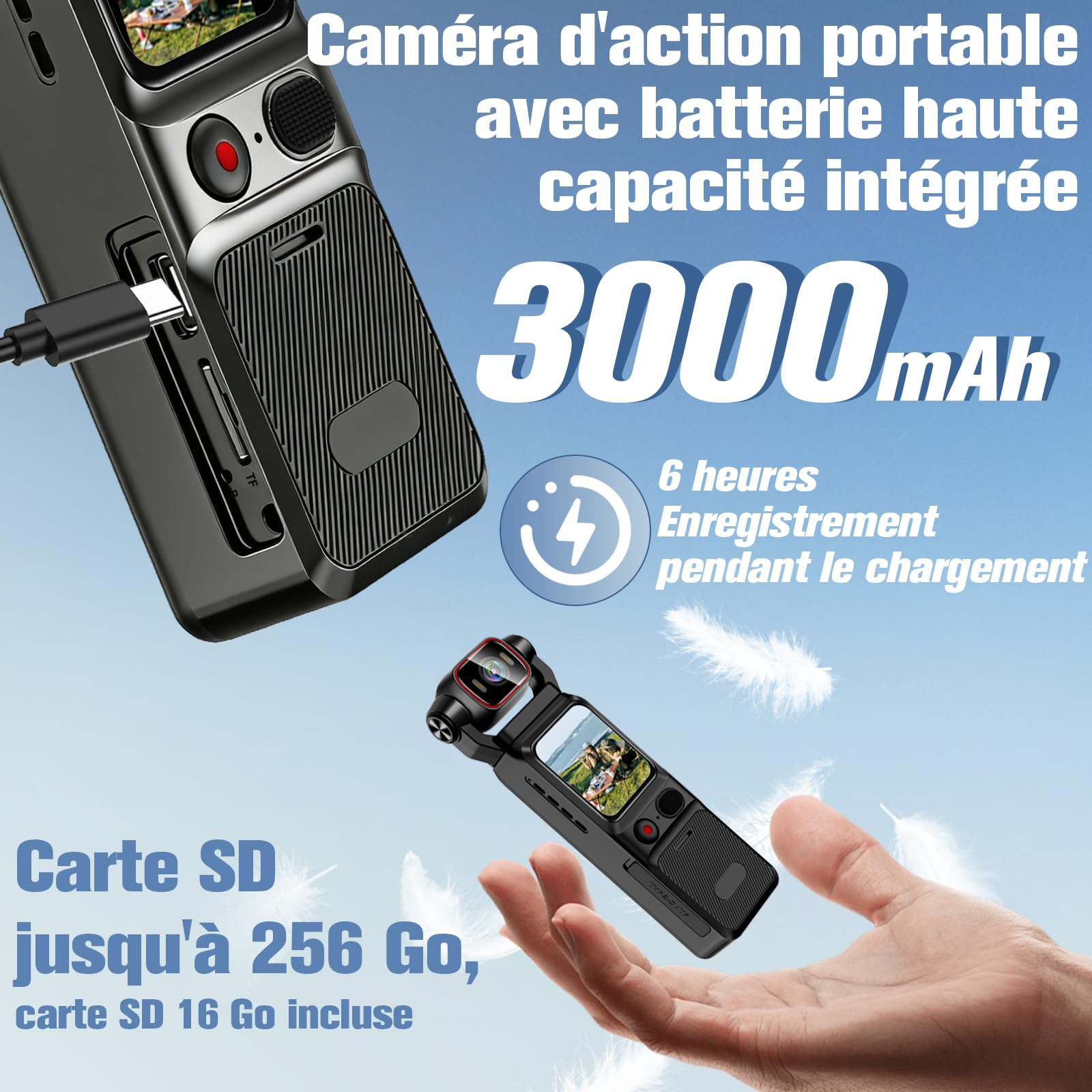 Caméra d'action WiFi 4K, Caméra Vidéo Sportive 160°, Caméra Portable de Poche avec Objectif Rotatif à 180° et Écran Tactile de 1,69 Pouces, Caméra Vidéo Numérique pour Vlog de Voyage