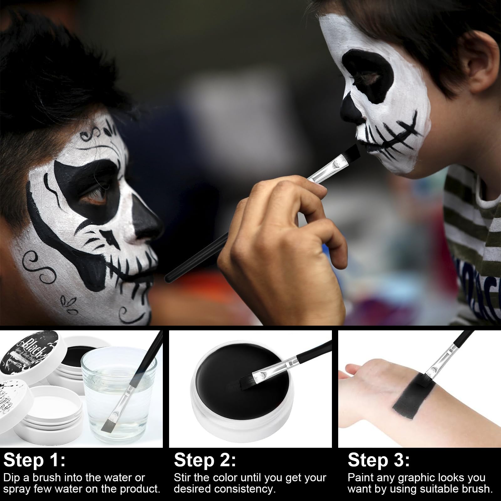 Juego de pintura facial en blanco y negro, 2.47 onzas, pintura facial de Halloween, esqueleto, calavera fantasma, disfraz de cosplay, cadáver SFX profesional, kit de maquillaje de efectos especiales 3