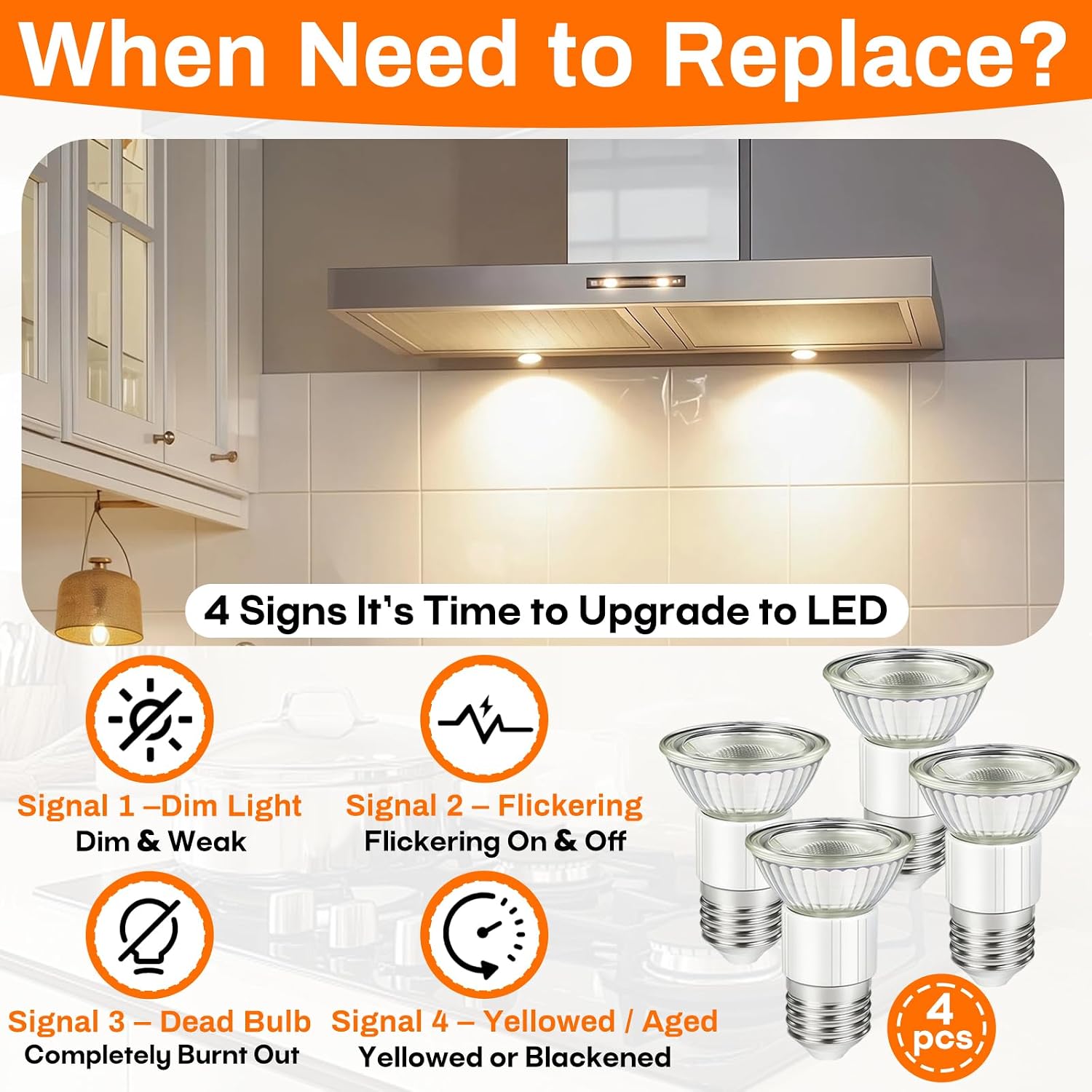 4-Pack Z0B0011 Range Hood Light Bulb, E27 5W LED Bulb 50W Halogen Lights, Brighter Cooking Area, Energy Saving & Long Life