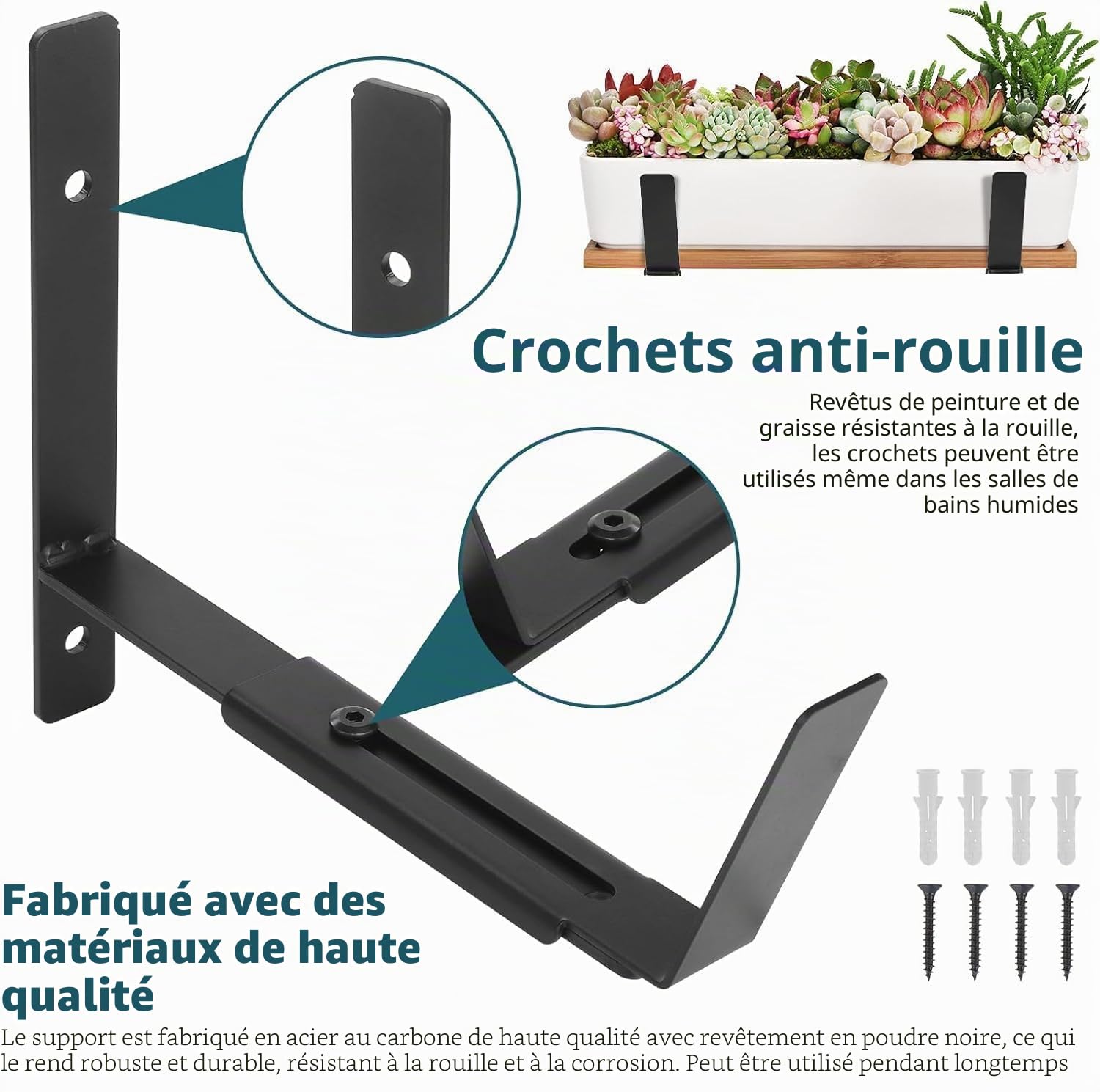 LATERN 4 Pièces Supports de Jardinières de Fenêtre, 15CM - 30CM Réglables Jardinière Support Robuste Métal Jardinière Fixation Murale Crochet pour Balcon Clôtures Terrasse Jardin Mur Rampes Rebord