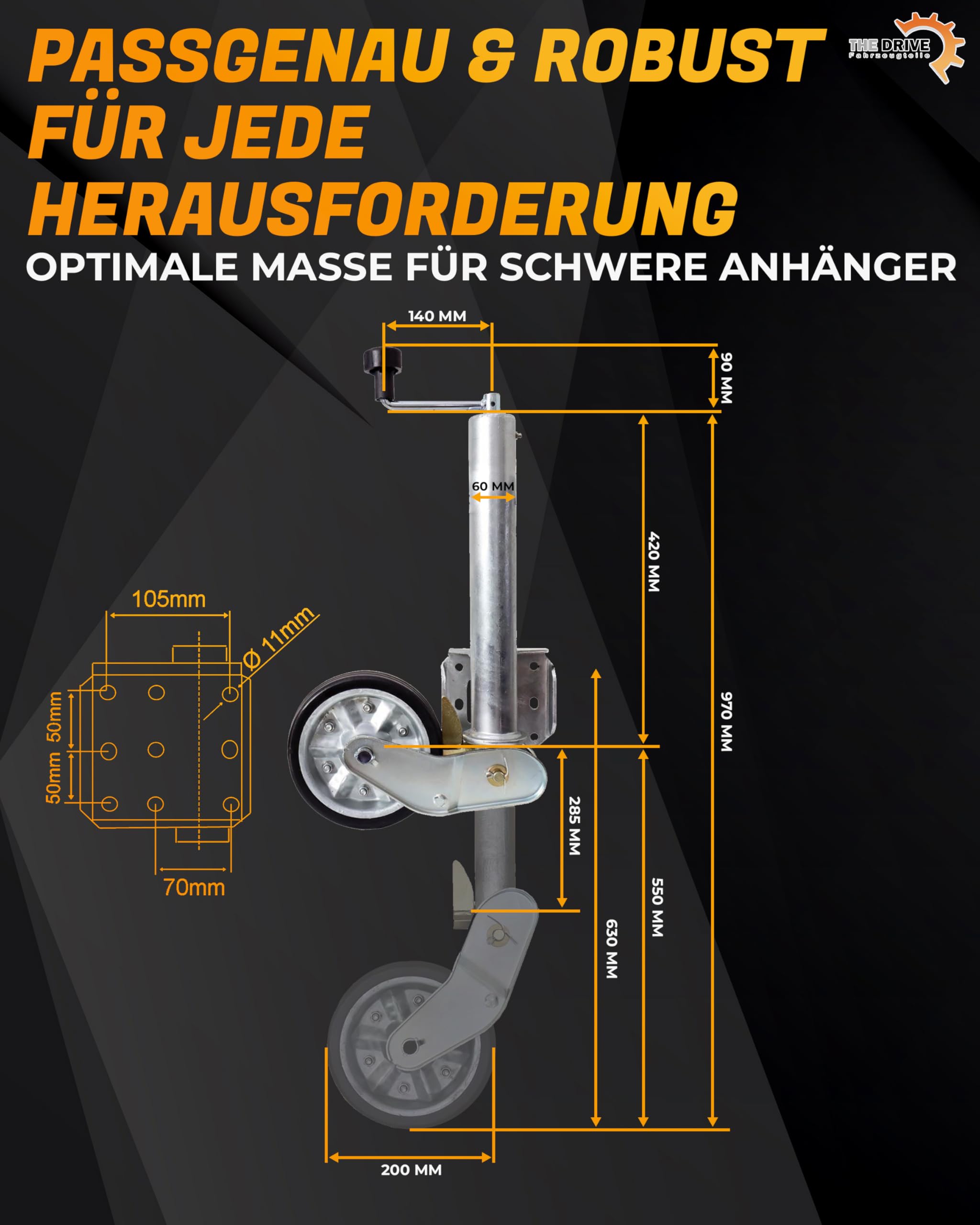 The Drive | Anhänger Stützrad 500KG | vollautomatik | Ø 60mm Rohr mit Anbauflansch | Schwerlast mit erhöhter Tragfähigkeit | perfekt für Anhänger, Wohnwagen, Trailer