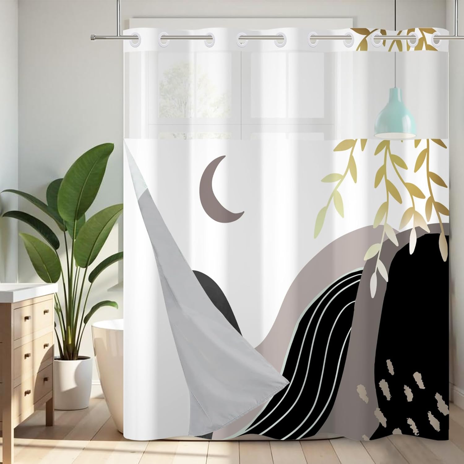 No Hook Shower Curtain with Snap-in Liner, Purple Ombre Bathroom Shower Curtains with Liner Set, Waterproof & Washable, Mesh Top Window, 59" W x 79" L