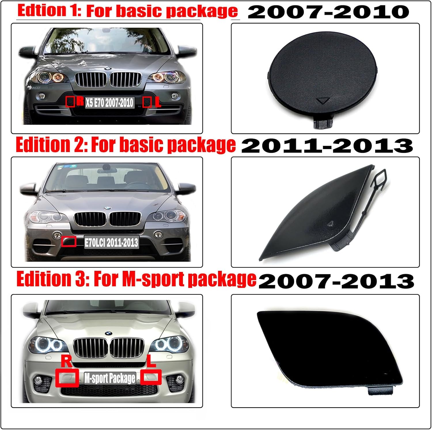 Front Tow Cover for 10-13 BMW X5 Series M Aerodynamics E70LCI 30i 35i 40i 50i 30dX 35i 40d 50i M50 xDrive sDrive 2010 2011 2012 2013 SAV Bumper Towing Hook Eye Cap 51118050697 (Pair-Black)