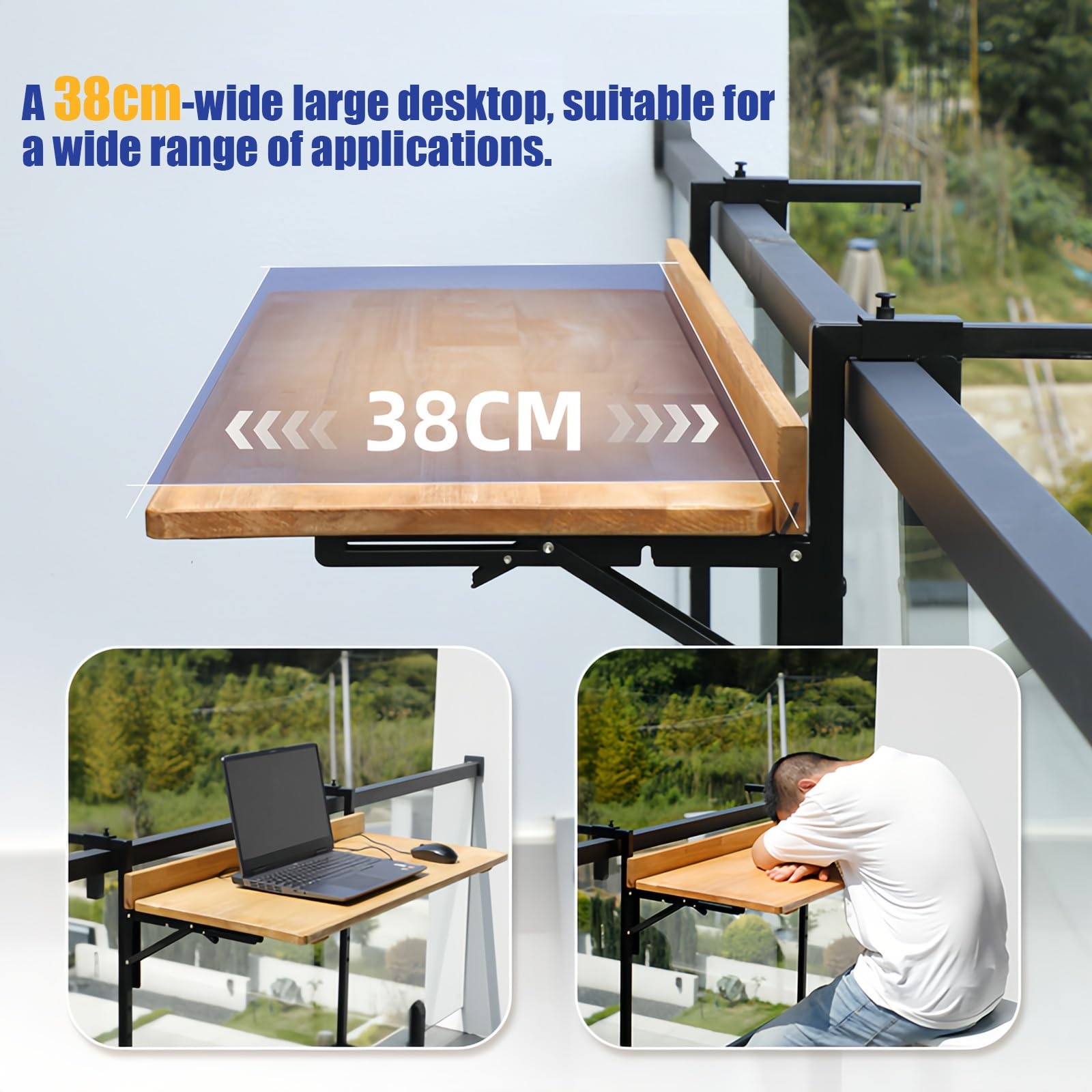 Table et Balcon Suspendue, Balustrade Terrasse, Bar pour Balcon, Installation Facile, Table Pliante Réglable en Hauteur(38 * 90cm/15 * 35.4inch)