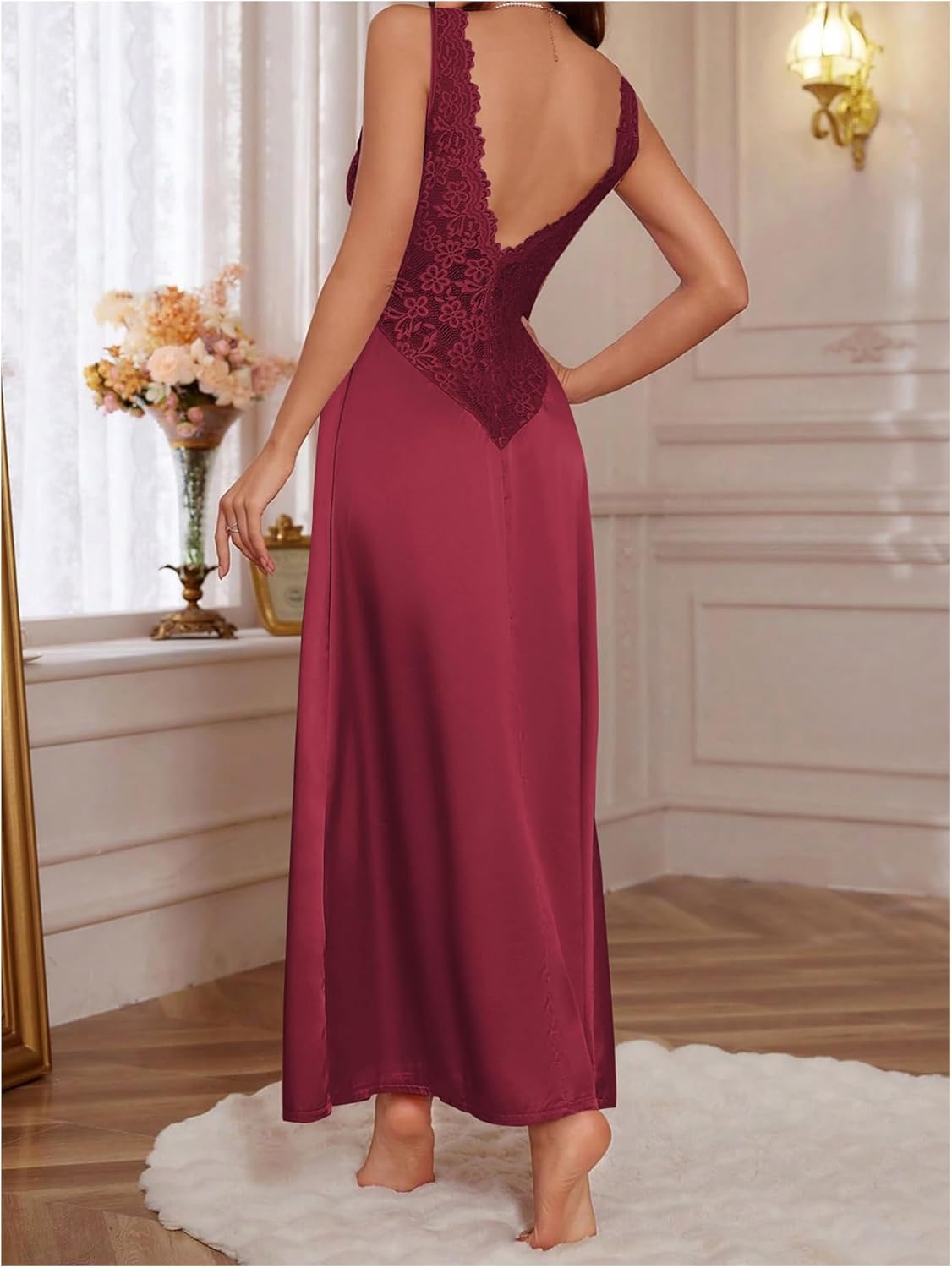 WDIRARA Women's Lace Backless Sexy Long Satin Sleepwear Deep V Neck Sleeveless Nightgown - Image 2