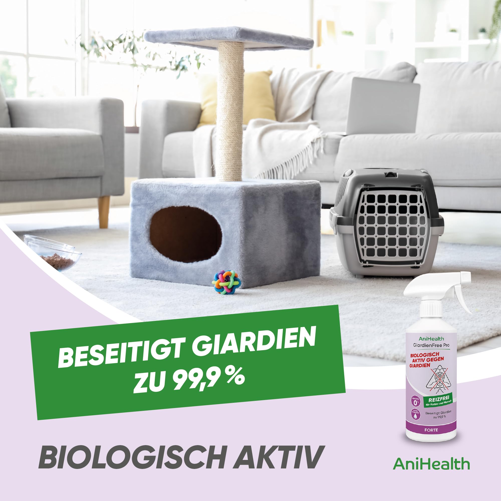 Giardien Hygiene-Spray Katze | tötet 99,9% Giardien + Zysten bei der ersten Anwendung auf Flächen, Gegenständen, Körperstellen | R E I Z F R E I durch Bioseptika HOCl – GiardienFree Pro 500ml