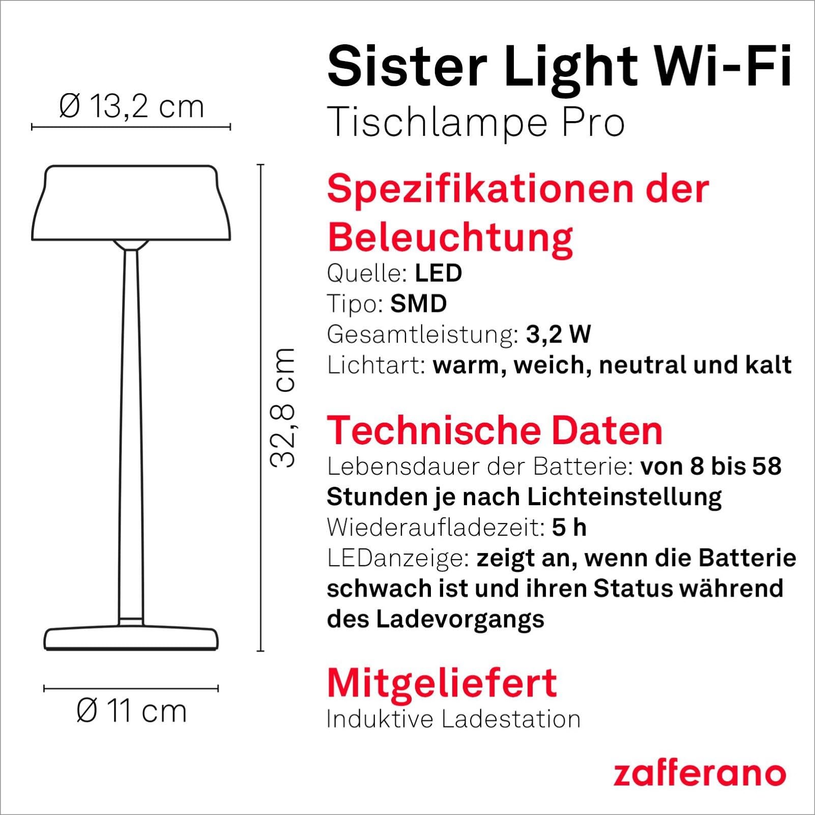 Zafferano, Sister Light Wi-Fi Lampe, Wiederaufladbare und Kabellose Tischlampe mit Fernbedienung, Geeignet für den Innen- und Außenbereich, Stufendimmer, 2200-4000 K, Höhe 32,8 cm, Farbe Gold