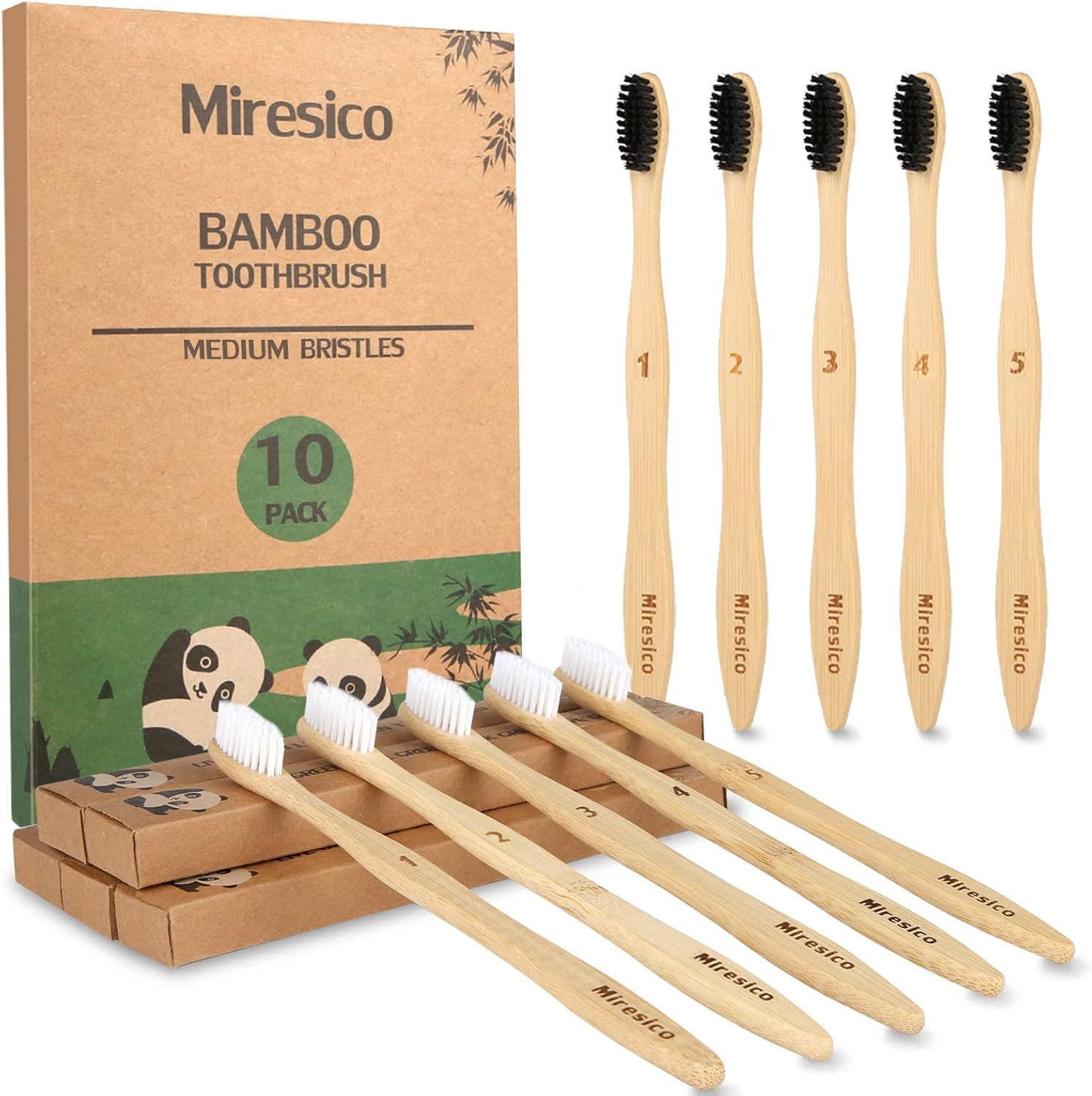 Bamboo Toothbrushes (10 Pack), BPA Free Toothbrush Medium with Firm Bristles, Eco-Friendly, Natural Biodegradable & Compostable Charcoal Wooden Tooth Brush