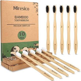 Miresico Bamboo Toothbrushes (10 Pack), BPA Free Toothbrush Medium with Firm Bristles, Eco-Friendly, Natural Biodegradable & Compostable Charcoal Wooden Tooth Brush