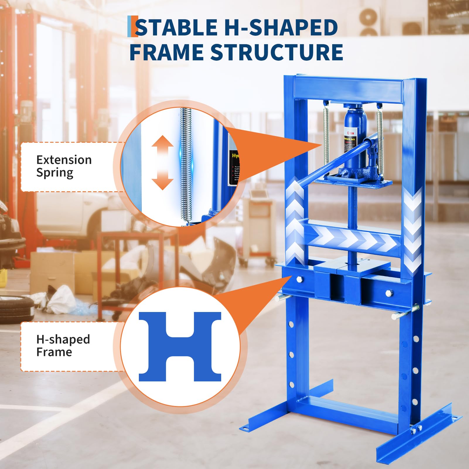 Prensa Hidráulica de Taller 6T, Prensa de Bastidor H Autoportante con Placas Ajustables para Taller, Garaje y Reparación Industrial, Azul