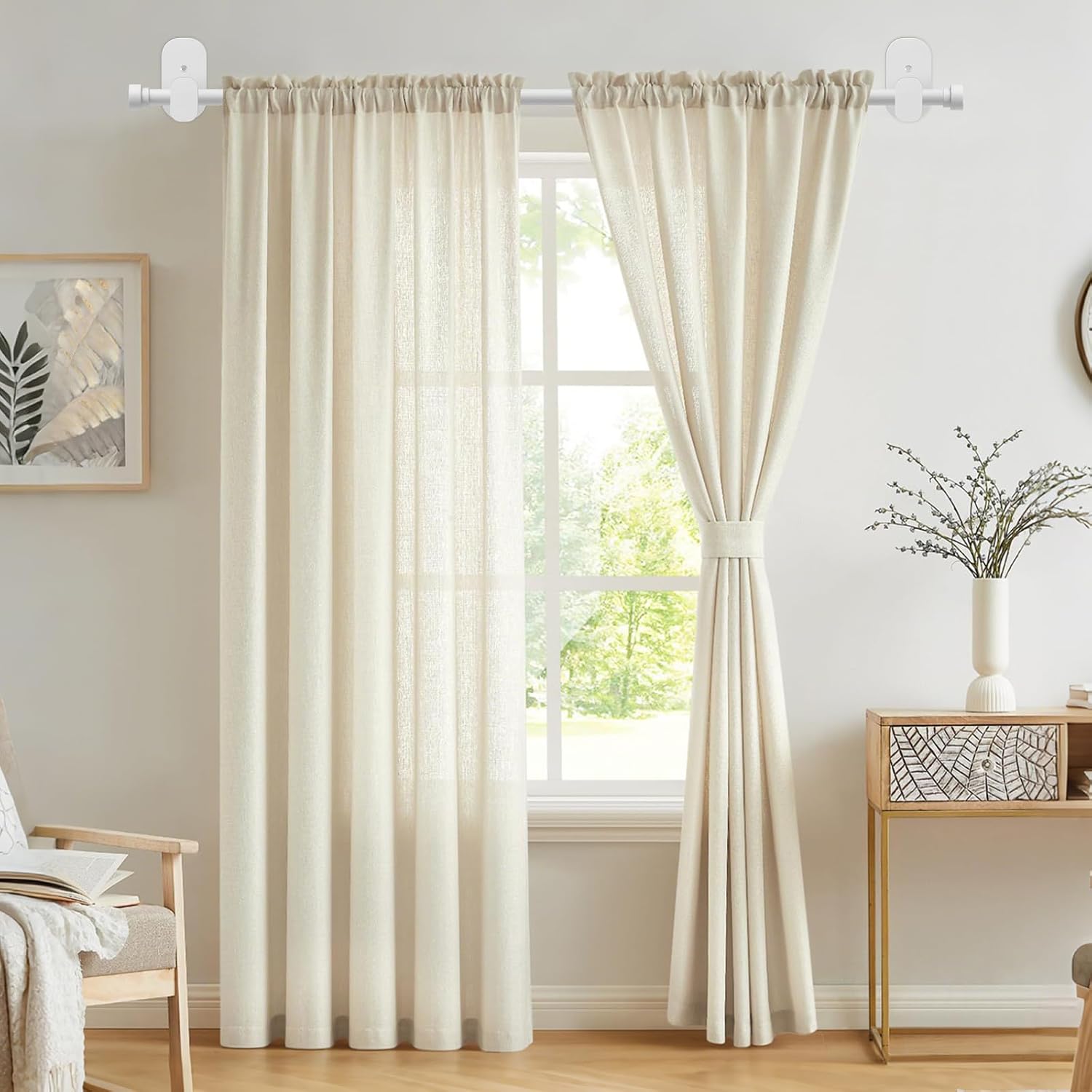 TONIAL Curtain Rods No Drilling for Windows from 40 to 53 Inches, 5/8 Inch 2 Pack Curtain Rod 32 to 58 inch with Adhesive Brackets, Renter Apartment Friendly Adjustable Drapery Rods, White