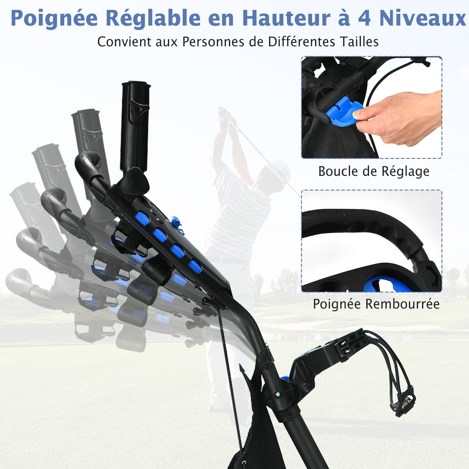 COSTWAY Chariot de Golf Pliable à Pousser ou à Tirer à 4 Roues, Chariot de Golf Léger avec Sac Imperméable et Frein à Pied Porte-Parapluie Réglable Poignée Réglable
