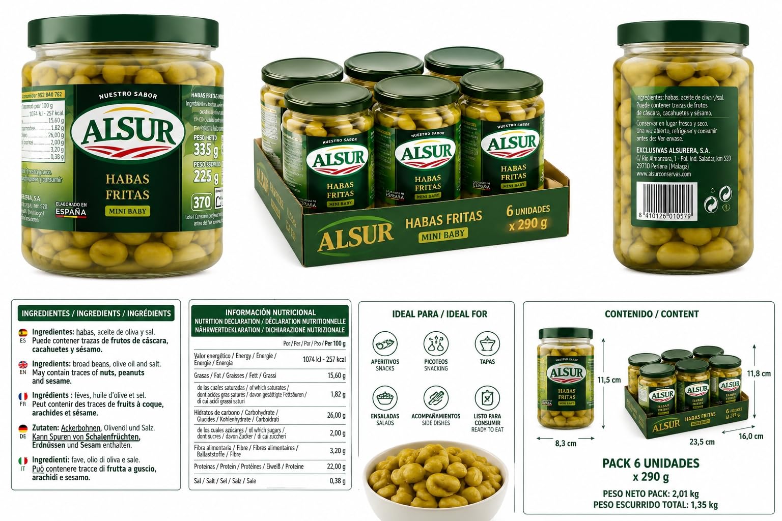 MADALO - ALSUR Habas Fritas Mini Baby Pack 6 x 290 g | Crujientes y listas para disfrutar; ideales como aperitivo, tapa o acompañamiento.