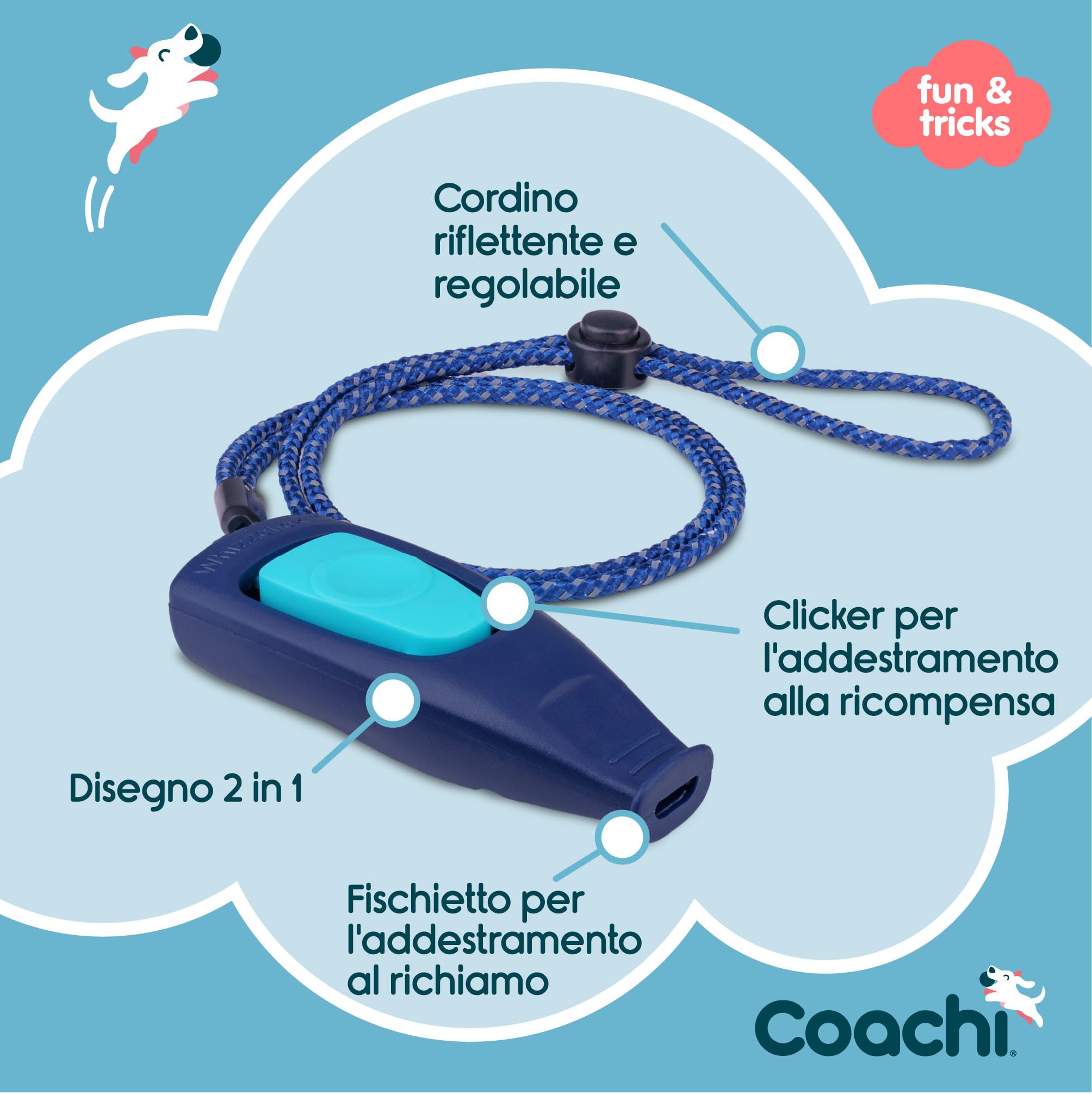 Coachi Whizzclick, clicker e Fischietto 2 in 1, Fischietto per Il richiamo Canino e clicker per l’addestramento con premi, Cordino Riflettente Regolabile, Adatto a Cani e Cuccioli