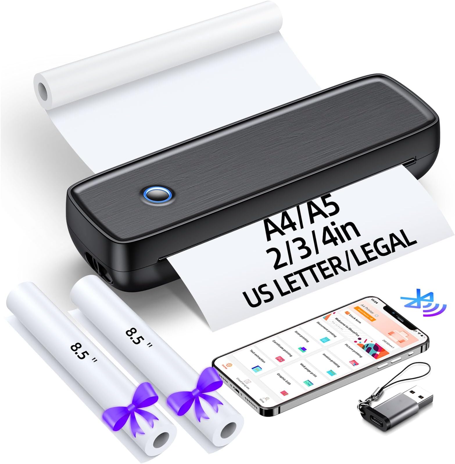 Portable Printer Wireless for Travel，Bluetooth Thermal Printer Support 8.5 X 11in US Letter &Legal, A4&A5 Thermal Paper, Inkless Printer Compatible with iOS, Android & Laptop for Office Car Home