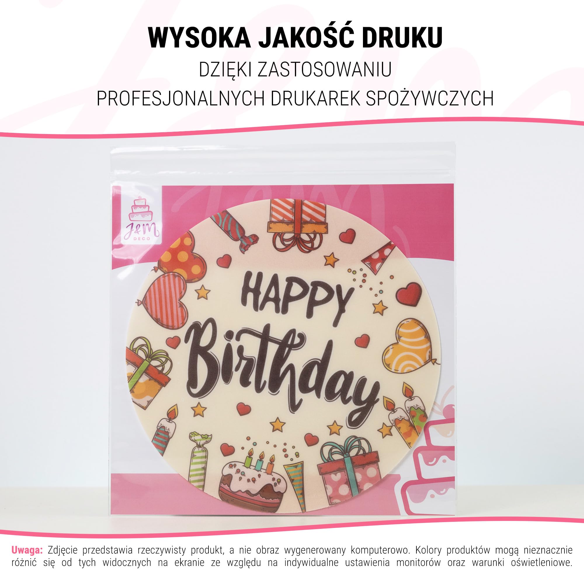 J&M DECO Opłatek na tort Happy Birthday Ø20 cm – jadalna dekoracja urodzinowa z napisem – topper urodzinowy dla dzieci i dorosłych – bezglutenowy i wegański