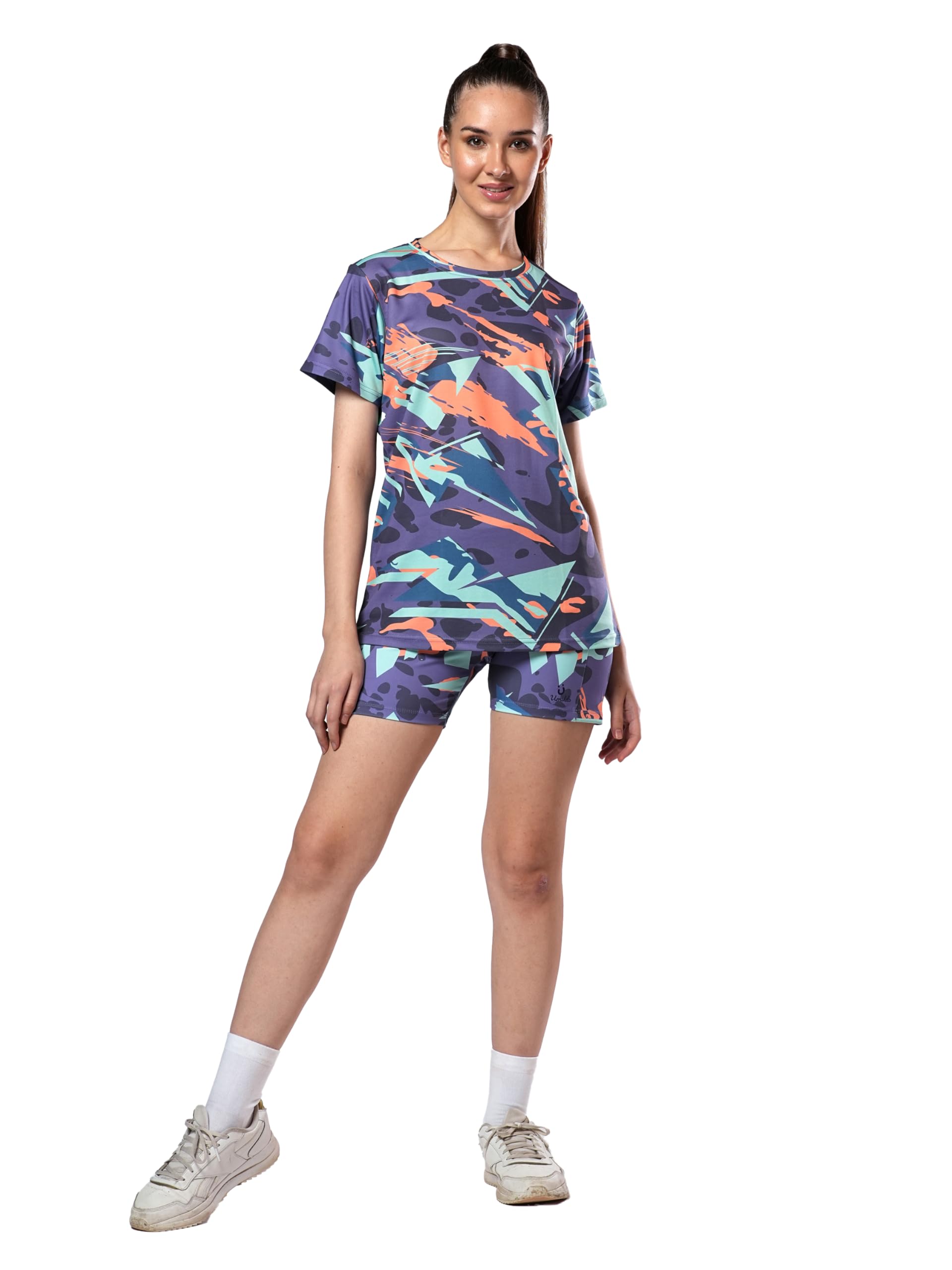 umildo Women's All Over Print Cycling Shorts and T-Shirts Set - Stylish Activewear for Fitness, Yoga, Running, and Sports - Breathable, Moisture-Wicking, Comfortable Sets (S to XL)-picture-20