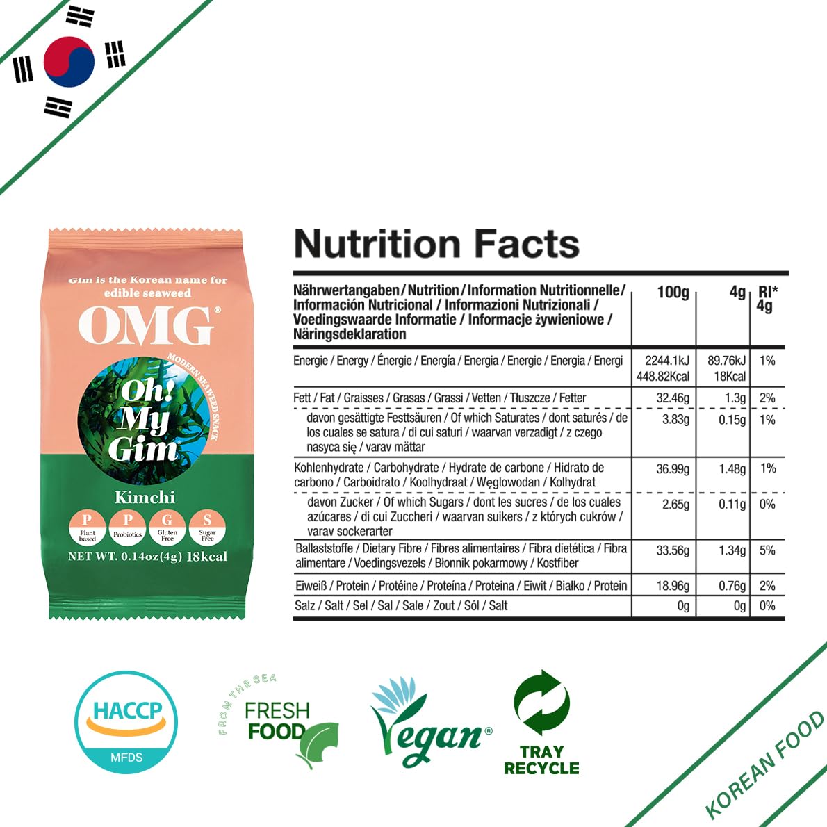 Oh! My Gim – Snack aux algues coréennes – Saveur Kimchi, Léger & croustillant – Encas original – 16 pack