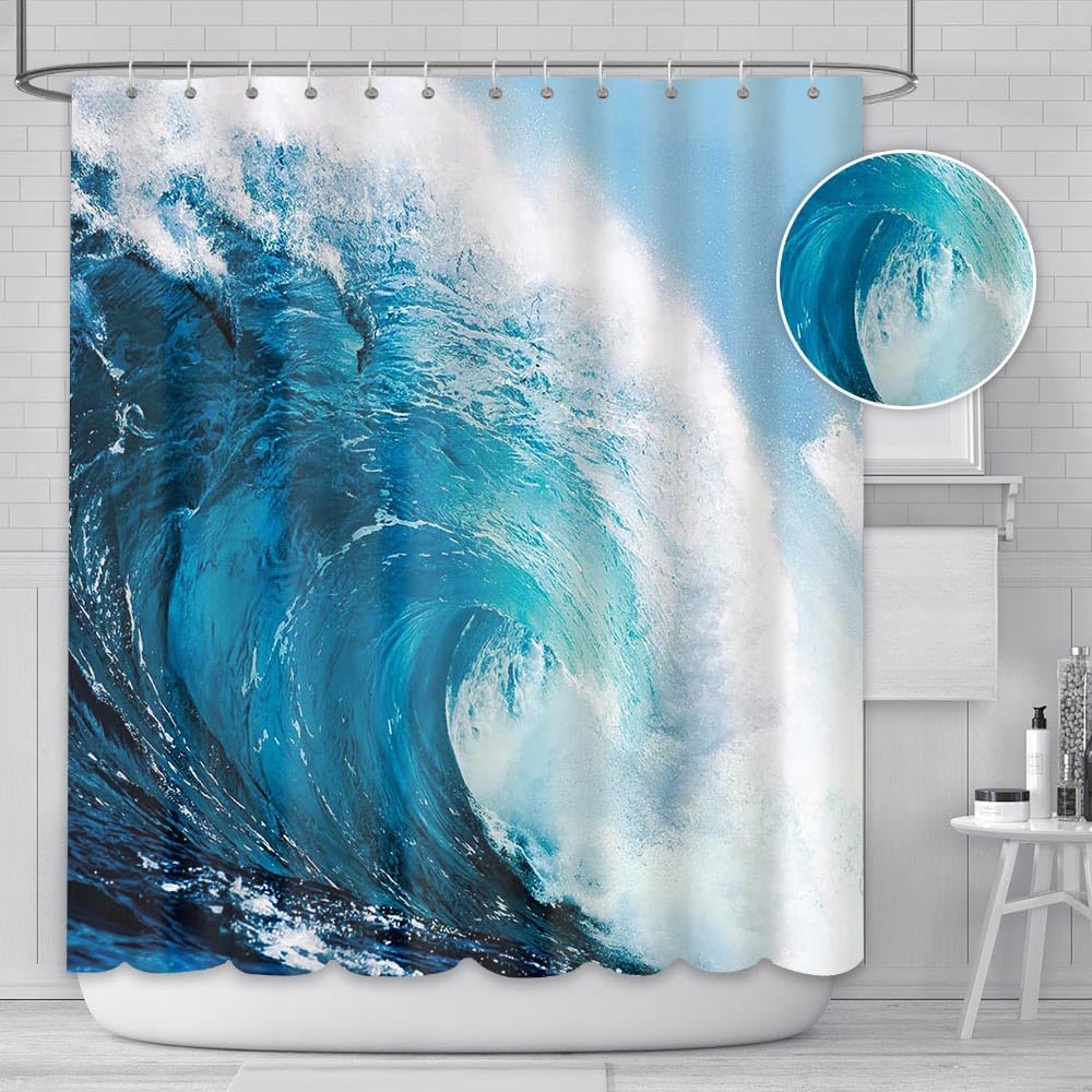AIBIIN 180 x 180 cm blu mare onda tenda da doccia estate hawaiano oceano surf tende da bagno in poliestere resistente con 12 ganci