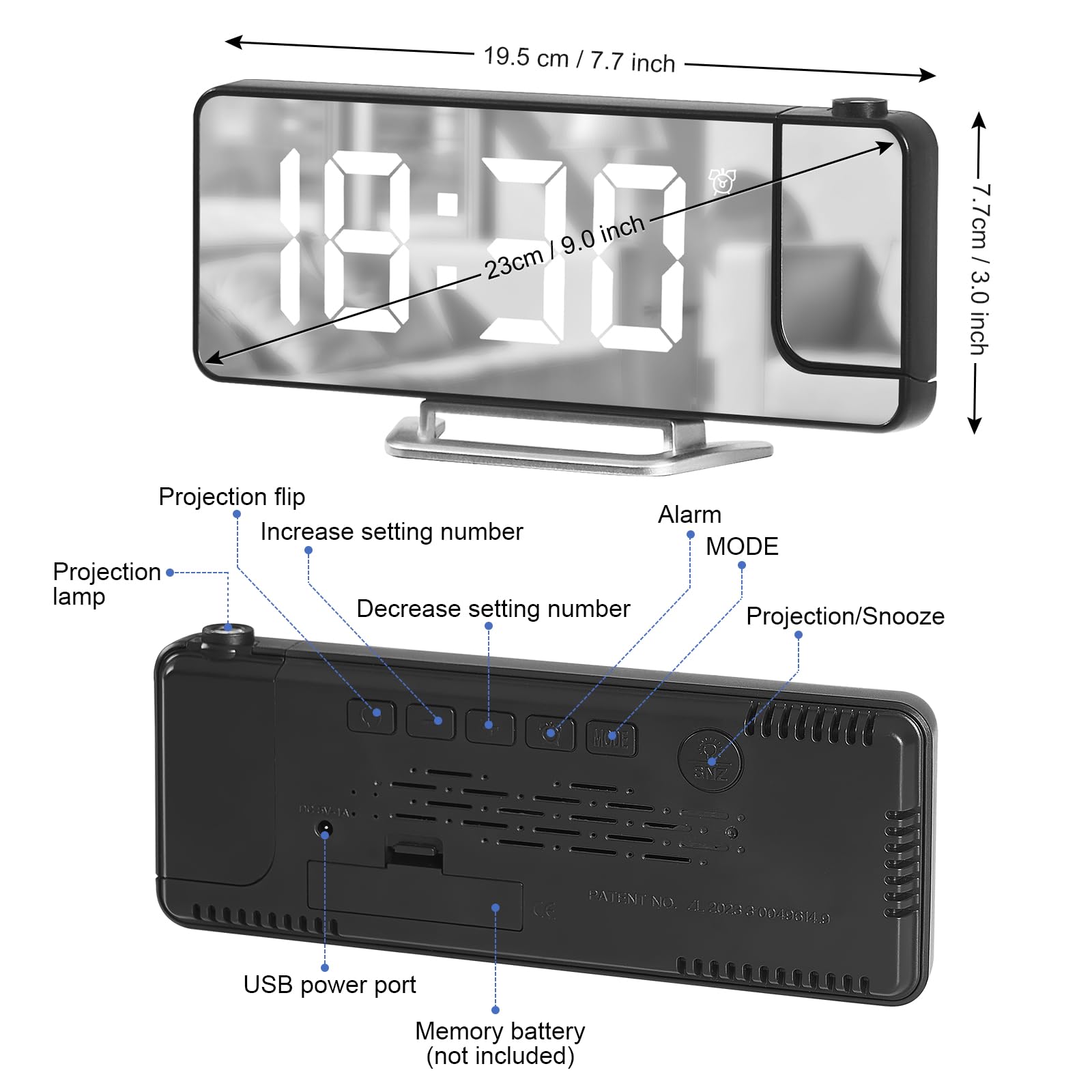 Cuteefun Projektionswecker, Projektion Uhr mit LED Bildschirm, Projektionsuhr mit Temperatur, Snooze, Einstellbare Helligkeit, 12/24H Anzeige, Wecker Digital mit Deckenprojektion, Weiße Ziffern