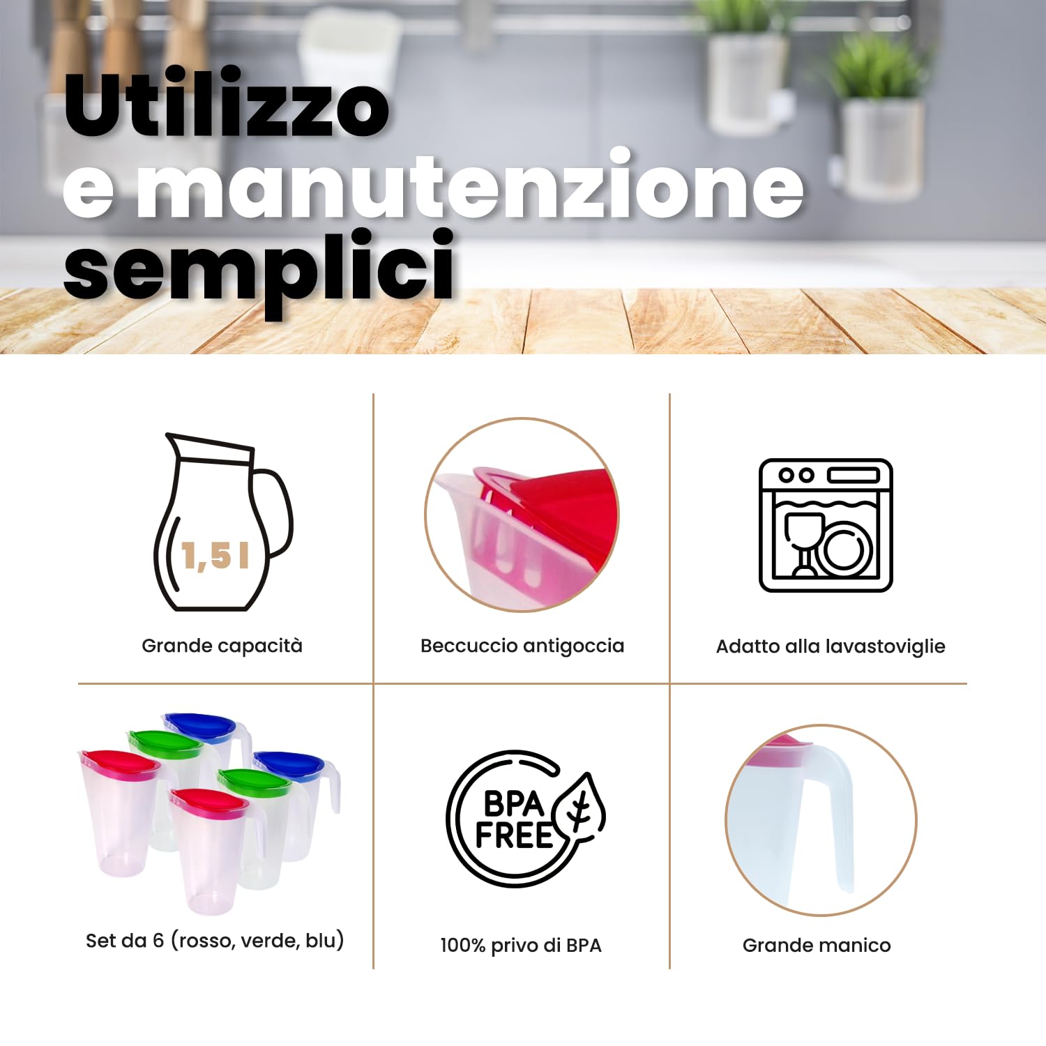 Home Line brocca per succo 1,75 L – Bricco per acqua con coperchio fisso – Bricco per bevande con antigoccia esterno – Caraffa per acqua per frigorifero – Dispenser di succo. 6er Set (Blau, Grün, Rot)