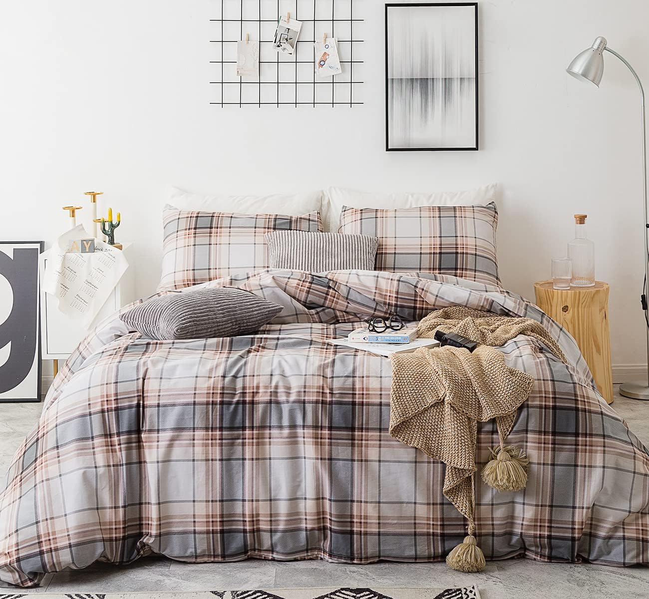 SUSYBAO Plaid Duvet Cover Queen 100% Cotton Khaki Gingham Duvet Cover Set 3 Pieces 1 Tartan Striped Duvet Cover with Zipper Ties 2 Pillowcases Luxury Soft Tartan Plaid Bedding Set Breathable Durable