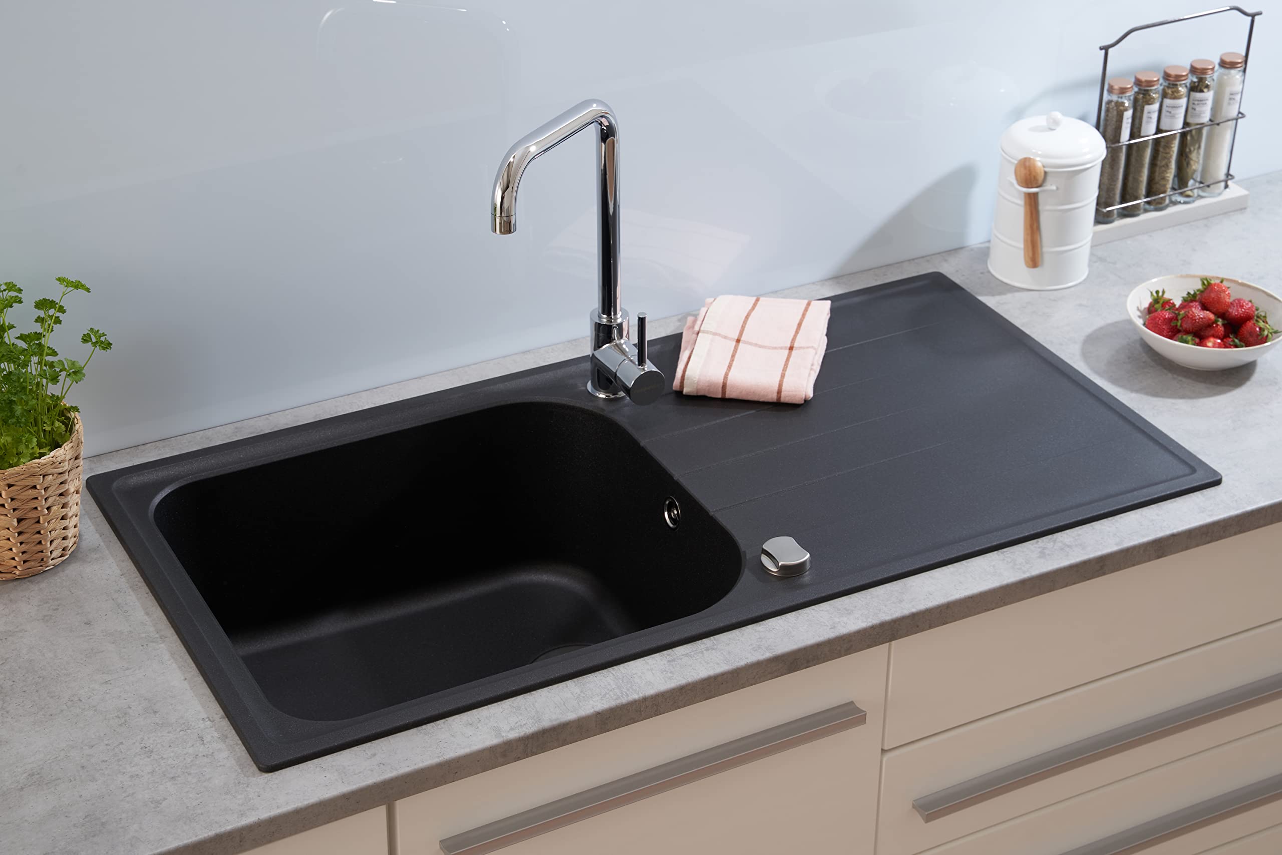 Respekta Lavello da Cucina Orlando in granito color Nero, Lavello da Incasso con 1 vasca, dimensioni 100 x 50 cm, Lavello Adatto per Mobili Sottolavello da 60 cm di Larghezza