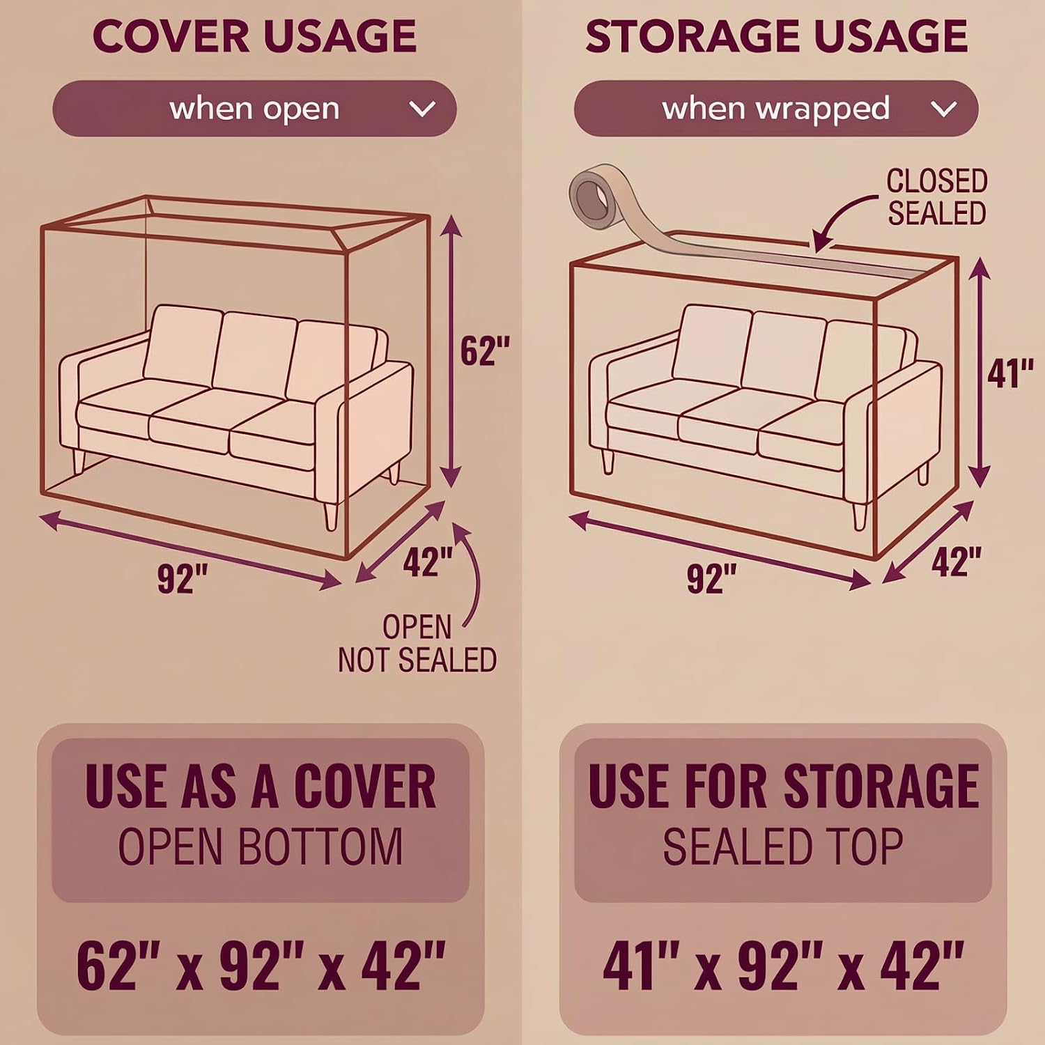 Wowfit Furniture Cover Dust-Proof Moving Bag for Sofa & Boxes – Clear, Odorless Plastic – 4mil Thick – 92W x 42D x 62/41H Inches Sofa-Standard