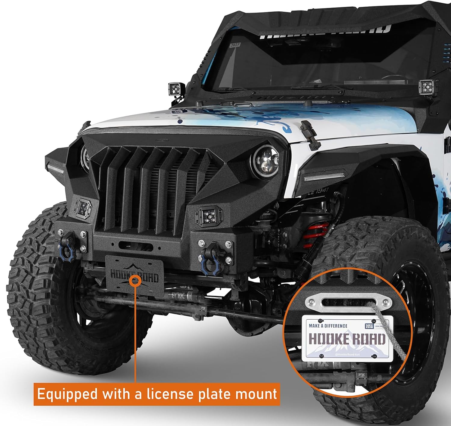 Hooke Road JK Mad Max Front Bumper Grill for 2007-2018 Jeep Wrangler JK & Unlimited 2/4 Doors, Rock Crawler Offroad Bumper with Winch Plate, LED Lights