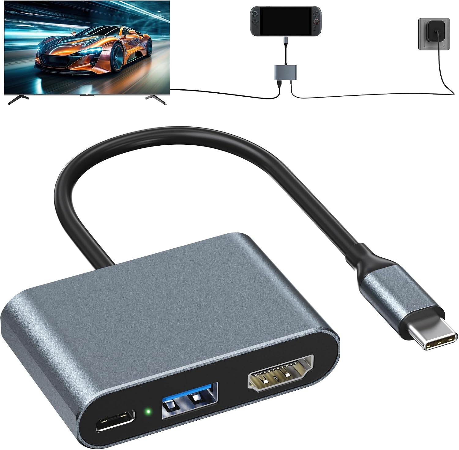 TV Dock Compatible with Switch 2,USB C to HDMI Support 4K@60Hz~120Hz | Aluminum Alloy Travel USB C Docking Station with PD Max 100W/USB Port