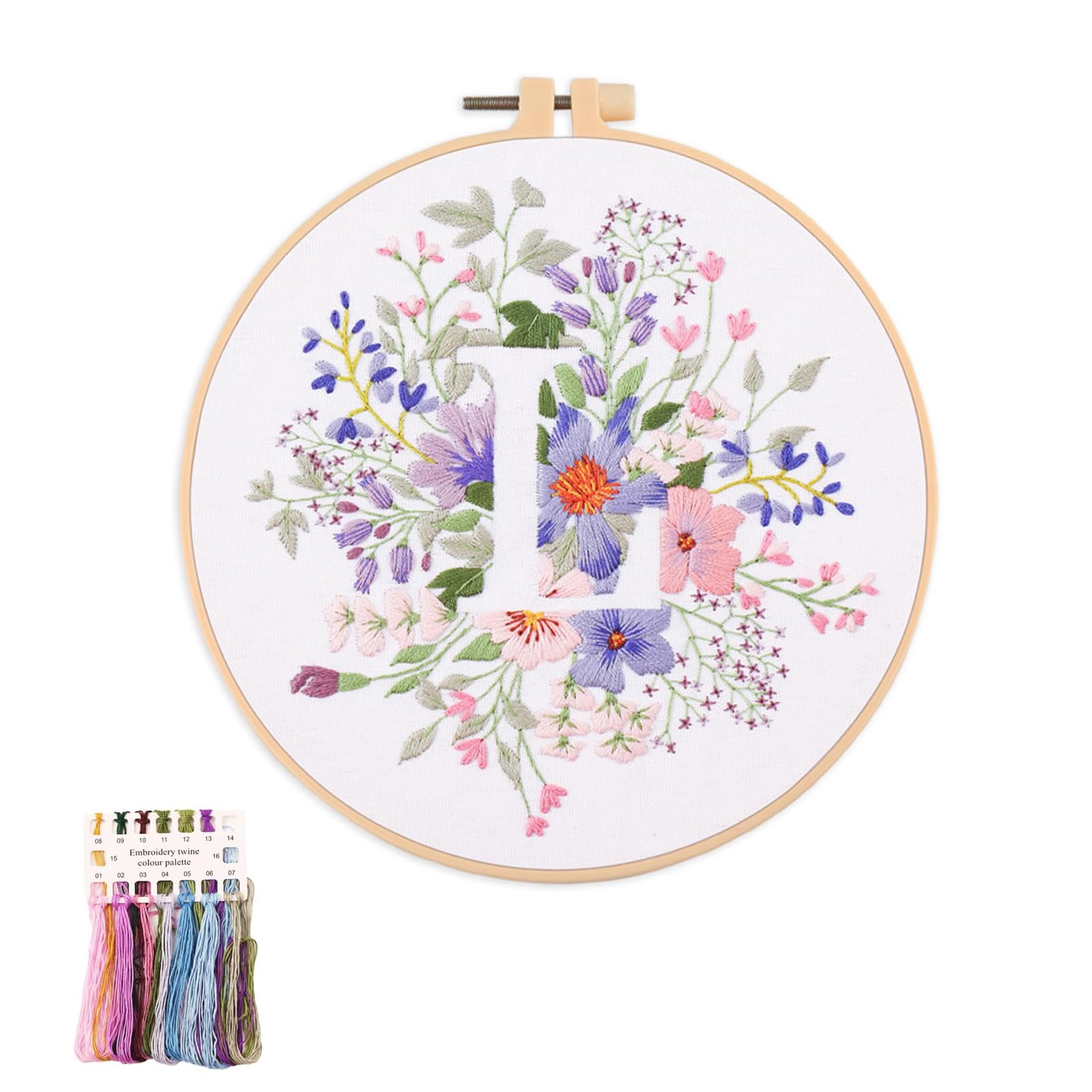 artcici Embroidery Kits Plant Flower Leaf English Letter Patterns for Beginners Adults, Full Range Embroidery Starter Kits Cross Stitch Needlework Supplies (Letter L)