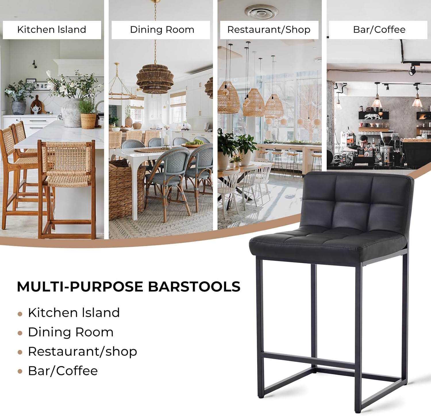 Counter Height Bar Stools Set of 2, 24" Faux Leather Modern Barstools with Low Back and Metal Legs Footrest, Upholstered Bar Chairs for Kitchen Island, Bar, Counter,Black