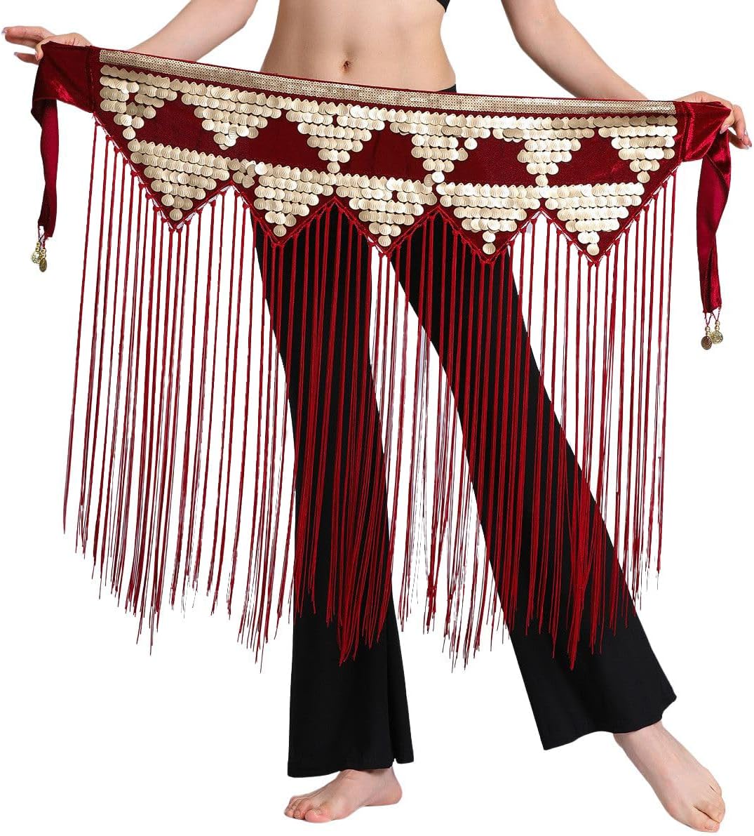 Triangle Gold Coins Long Tassel Belt Belly Dance Hip Scarf Festival Costume Women Dancing Wear Accessories (red)
